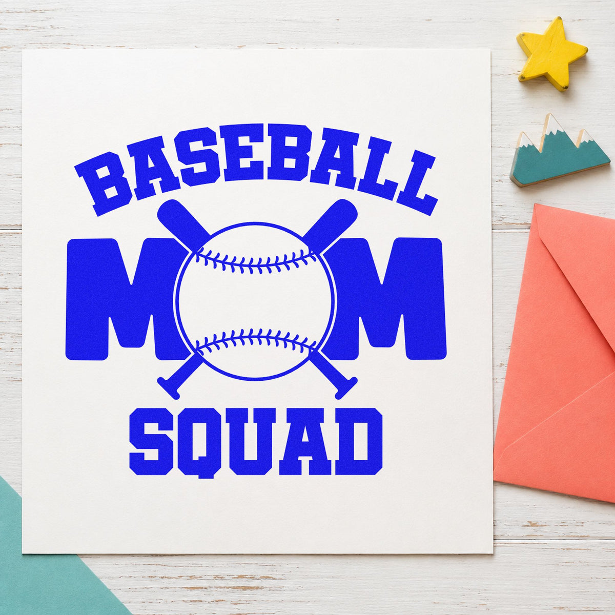 Baseball Mom Squad Bats craft stamp imprinted in blue ink on paper, a design suited to stadium seat cushions.