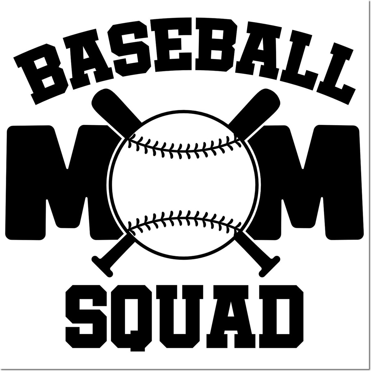 Baseball Mom Squad rubber stamp design with crossed bats and baseball for team spirit, fan apparel, and gift personalization.