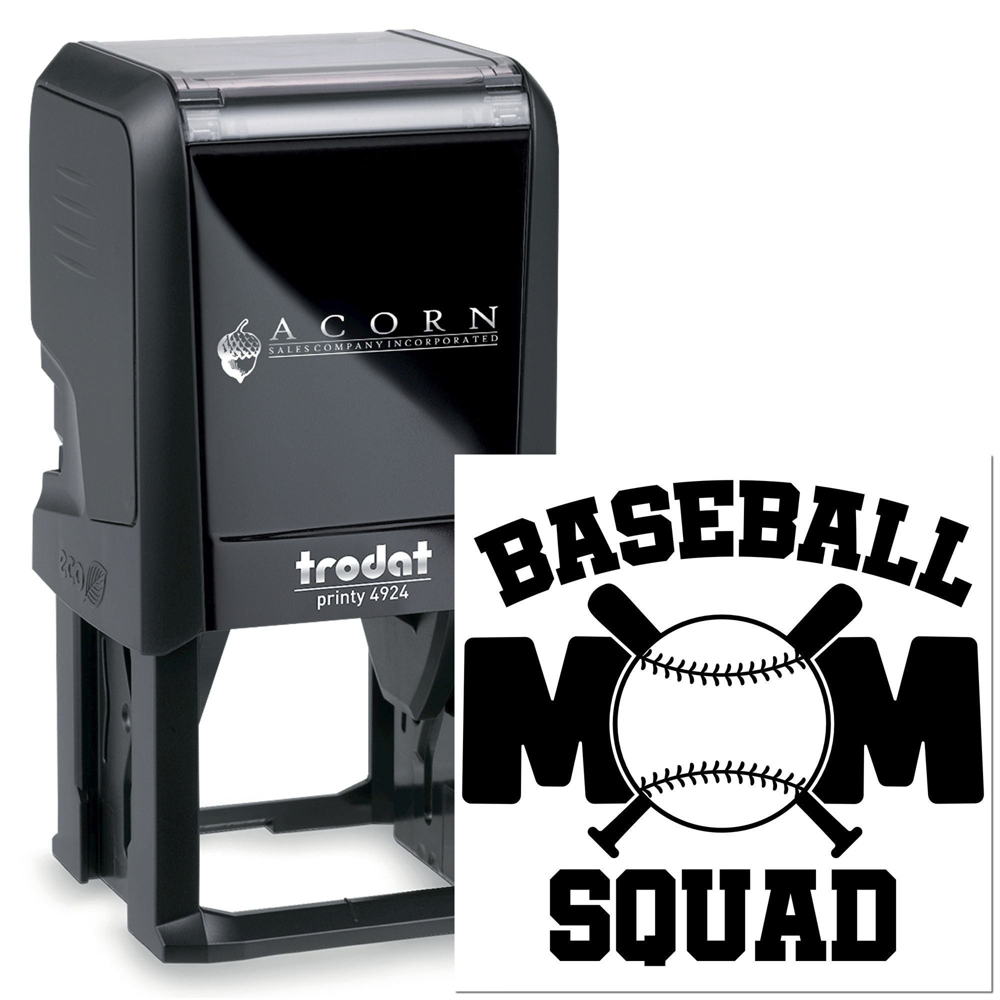 Personalized self-inking baseball mom squad rubber stamp for team branding, scrapbooking, and baseball fan gifts.
