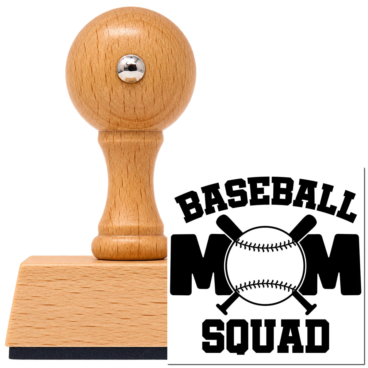Baseball Mom Squad Bats Lettering Vintage Pro rubber stamp in European beech wood with a round knob handle, shown beside its black imprint.
