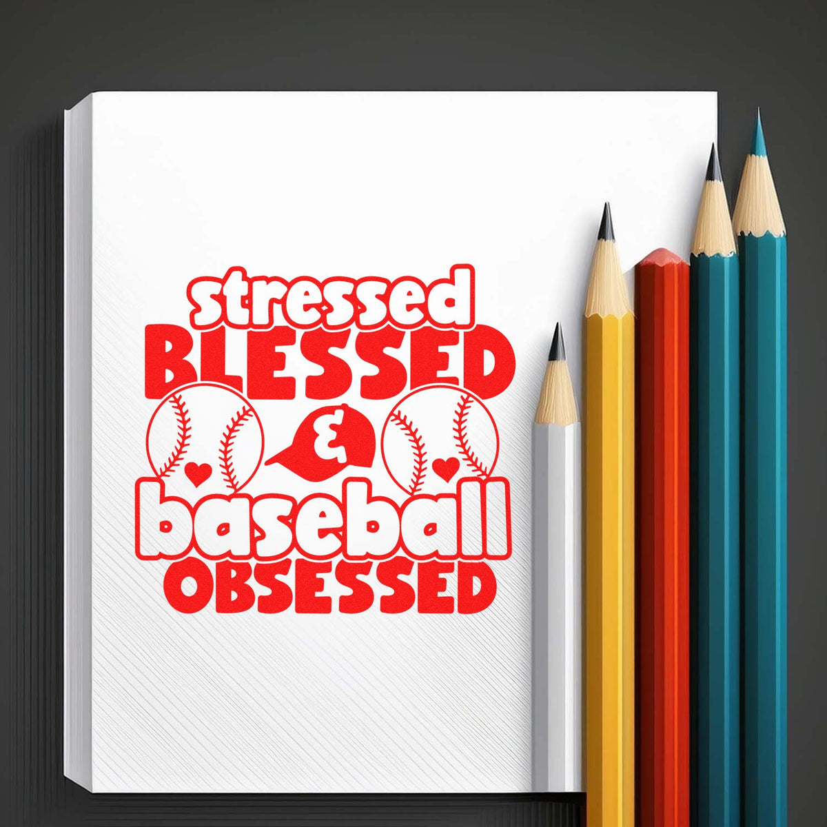 Custom rubber stamp design reading Stressed, Blessed, Baseball Obsessed with baseball hearts for sports fans.