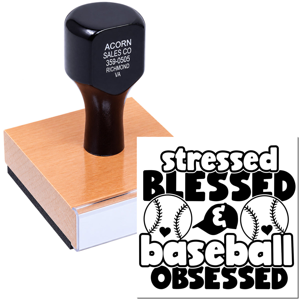Custom rubber stamp with Stressed Blessed Baseball Obsessed design for baseball fans and team gifts