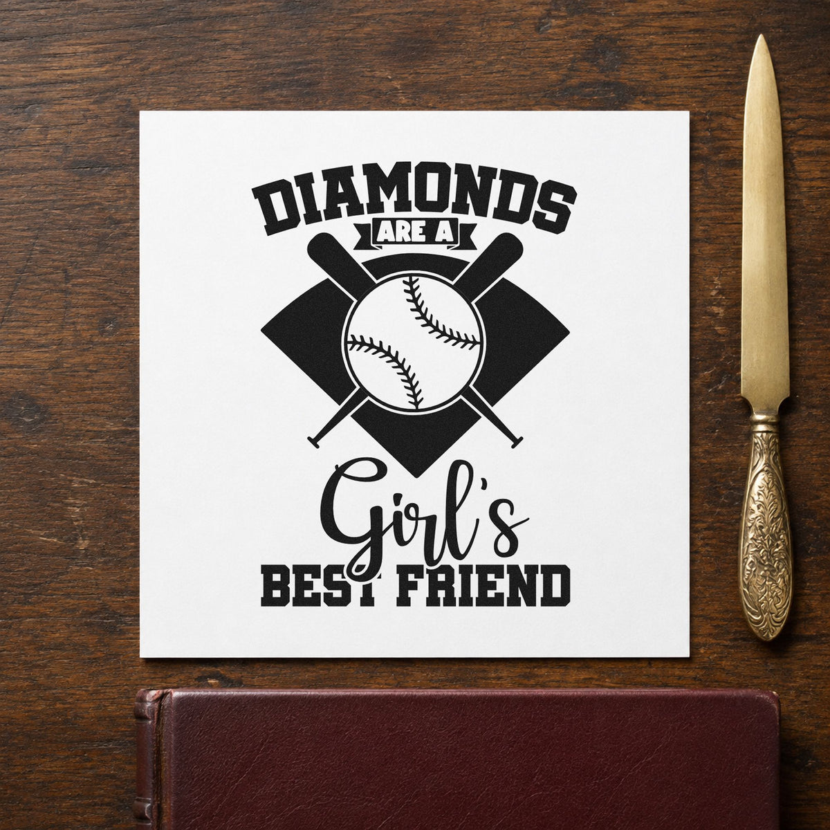 Diamonds Are a Girl's Best Friend craft stamp in black ink on cardstock, an easy option for team banquet favors.