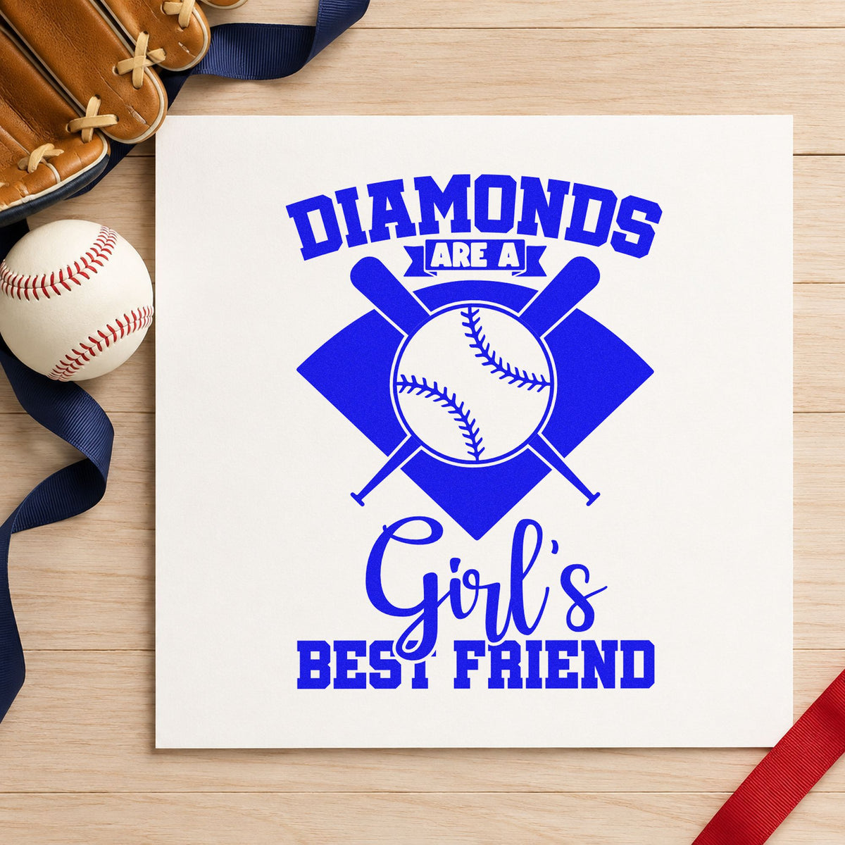 Diamonds Are a Girl's Best Friend craft stamp imprinted in blue ink on paper, a design suited to fan shirt transfers.