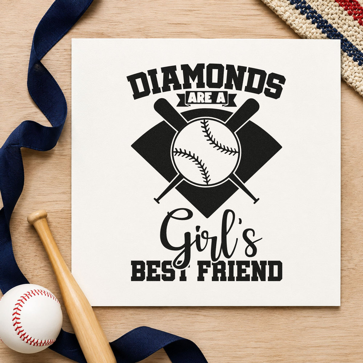 Diamonds Are a Girl's Best Friend rubber stamp printed in black ink, ready for softball birthday cards and similar paper crafts.