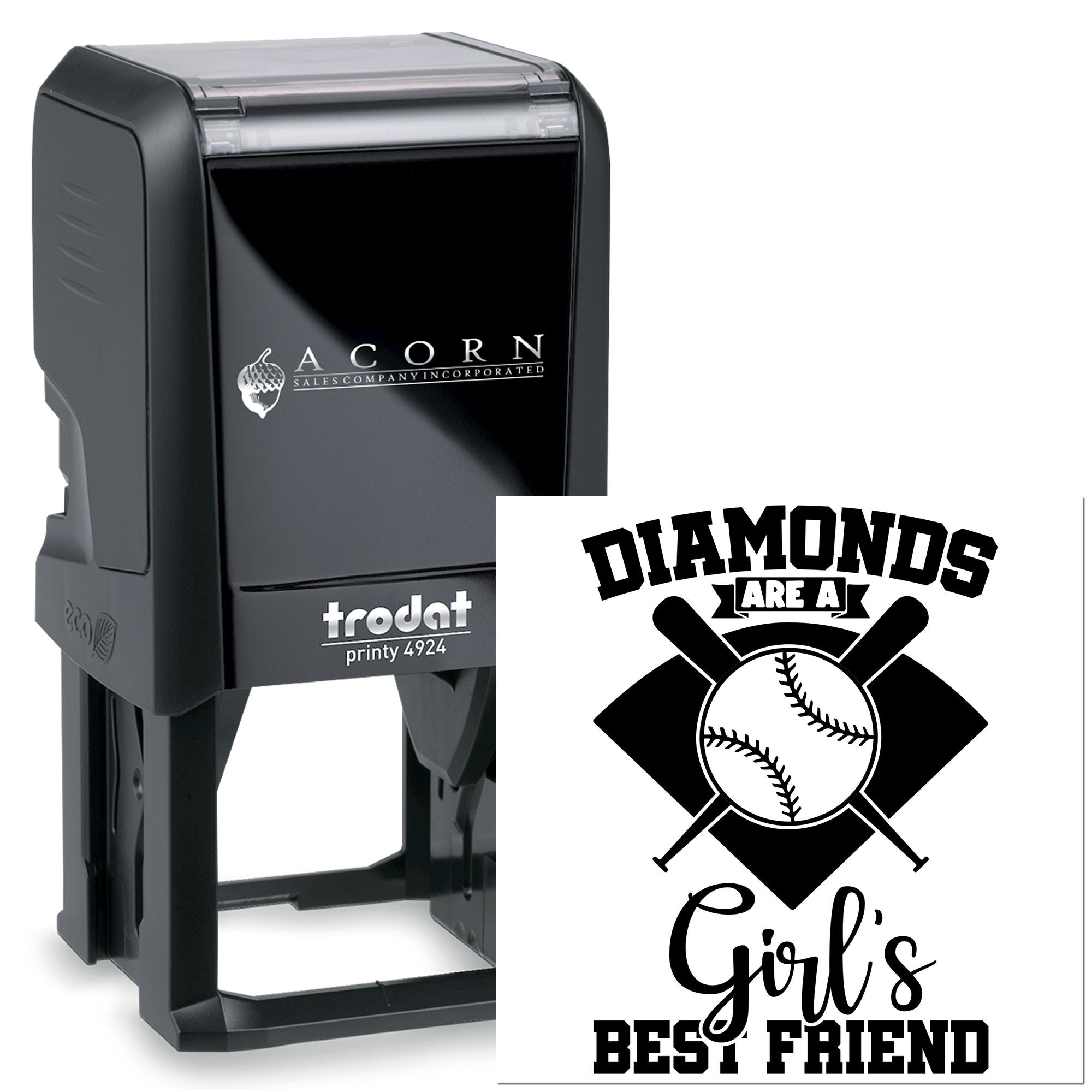 Self-inking Trodat Printy 4924 custom rubber stamp with baseball design and Diamonds Are a Girls Best Friend imprint.