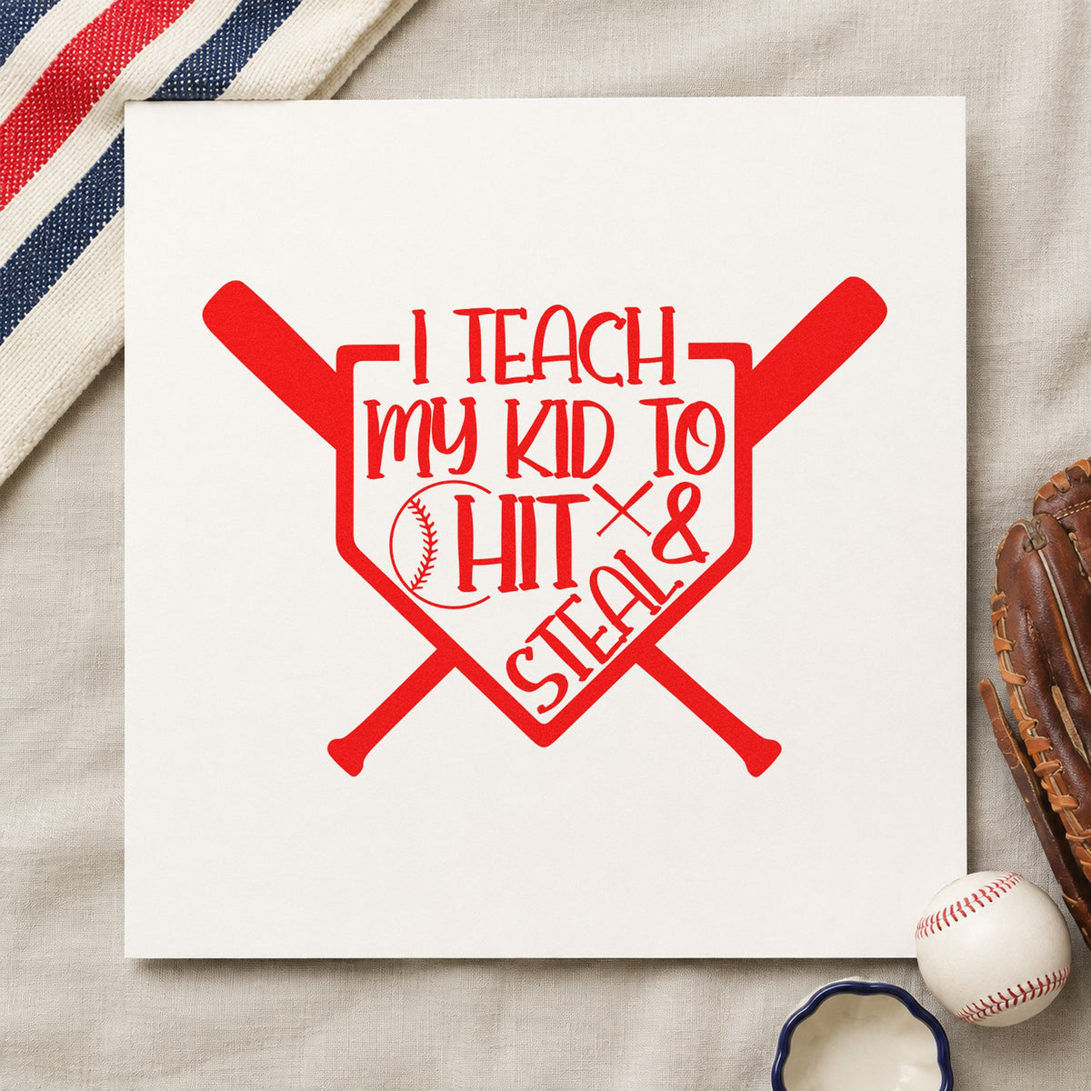 Hit and Steal Crossed Bats rubber stamp shown in red ink, stamped for projects such as father's day cards.