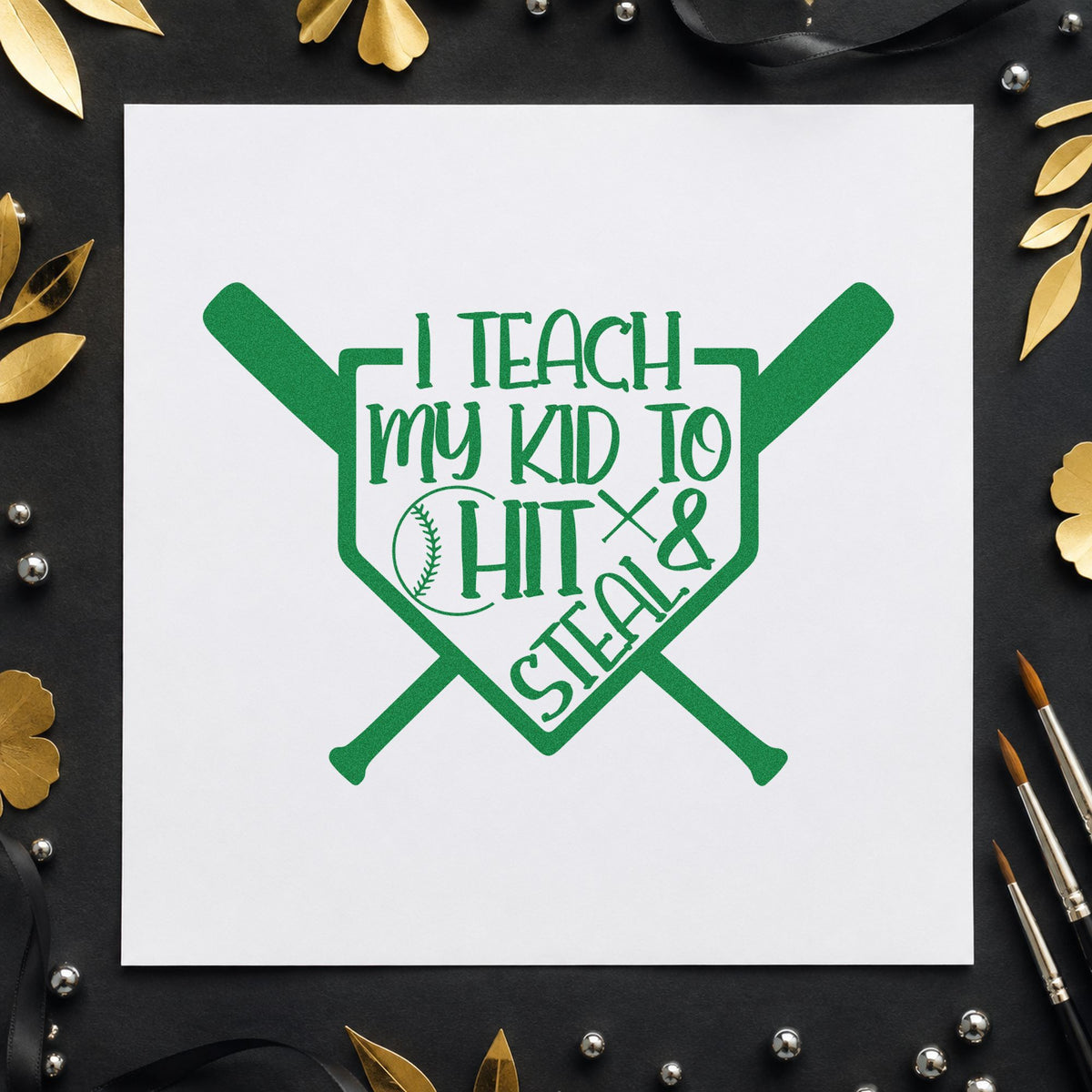 Hit and Steal Crossed Bats craft stamp imprint in green ink on a handmade project, one idea being dugout scorebook covers.