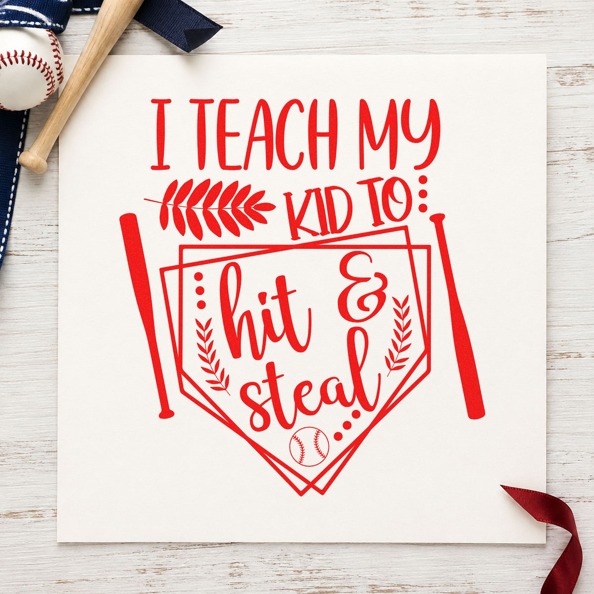 Hit and Steal Baseball Pennant rubber stamp shown in red ink, stamped for projects such as tournament door signs.