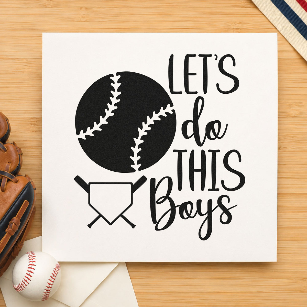 Let's Do This Boys Plate rubber stamp printed in black ink, ready for bold roster cards and similar paper crafts.
