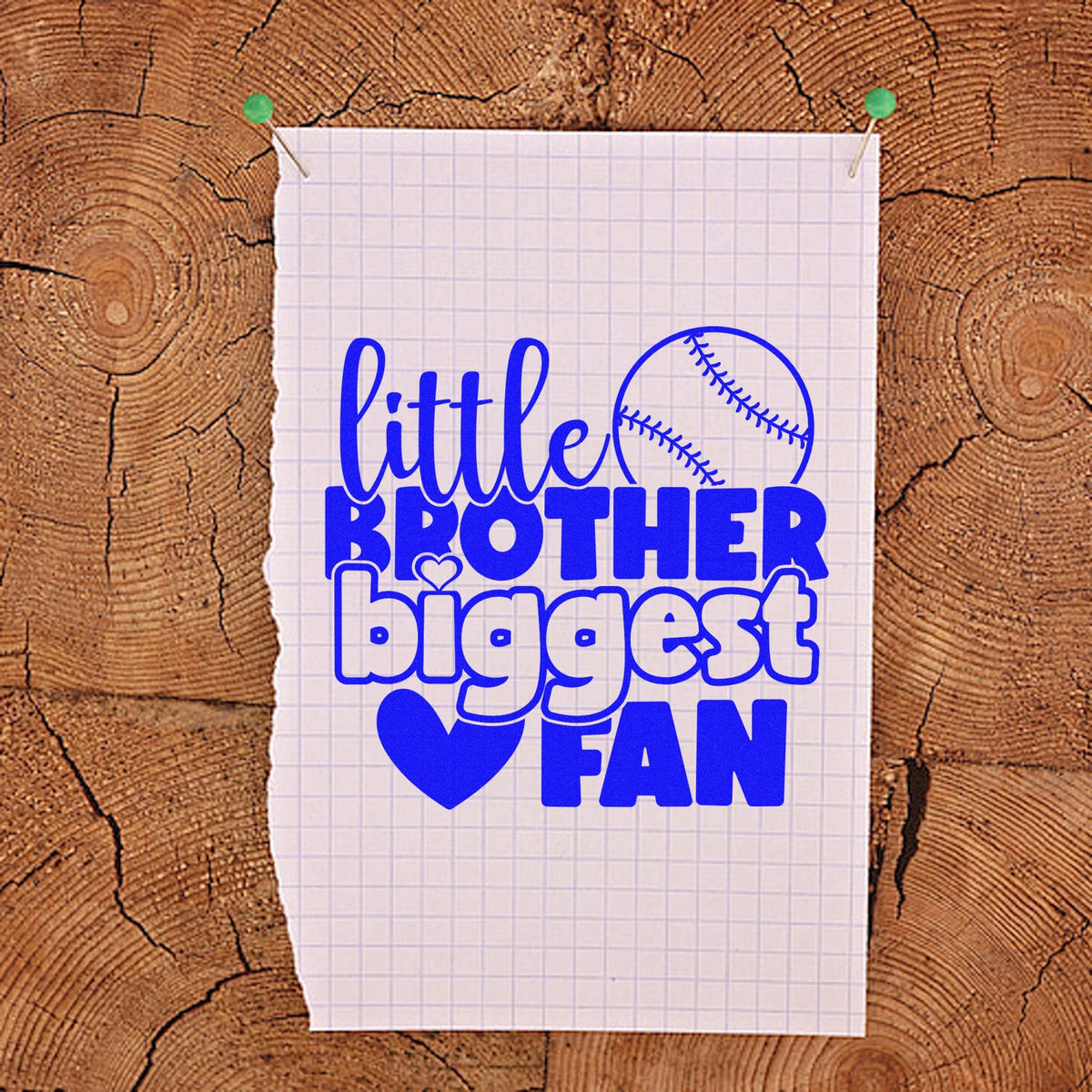 Little Brother Biggest Fan baseball rubber stamp design with heart on pinned paper