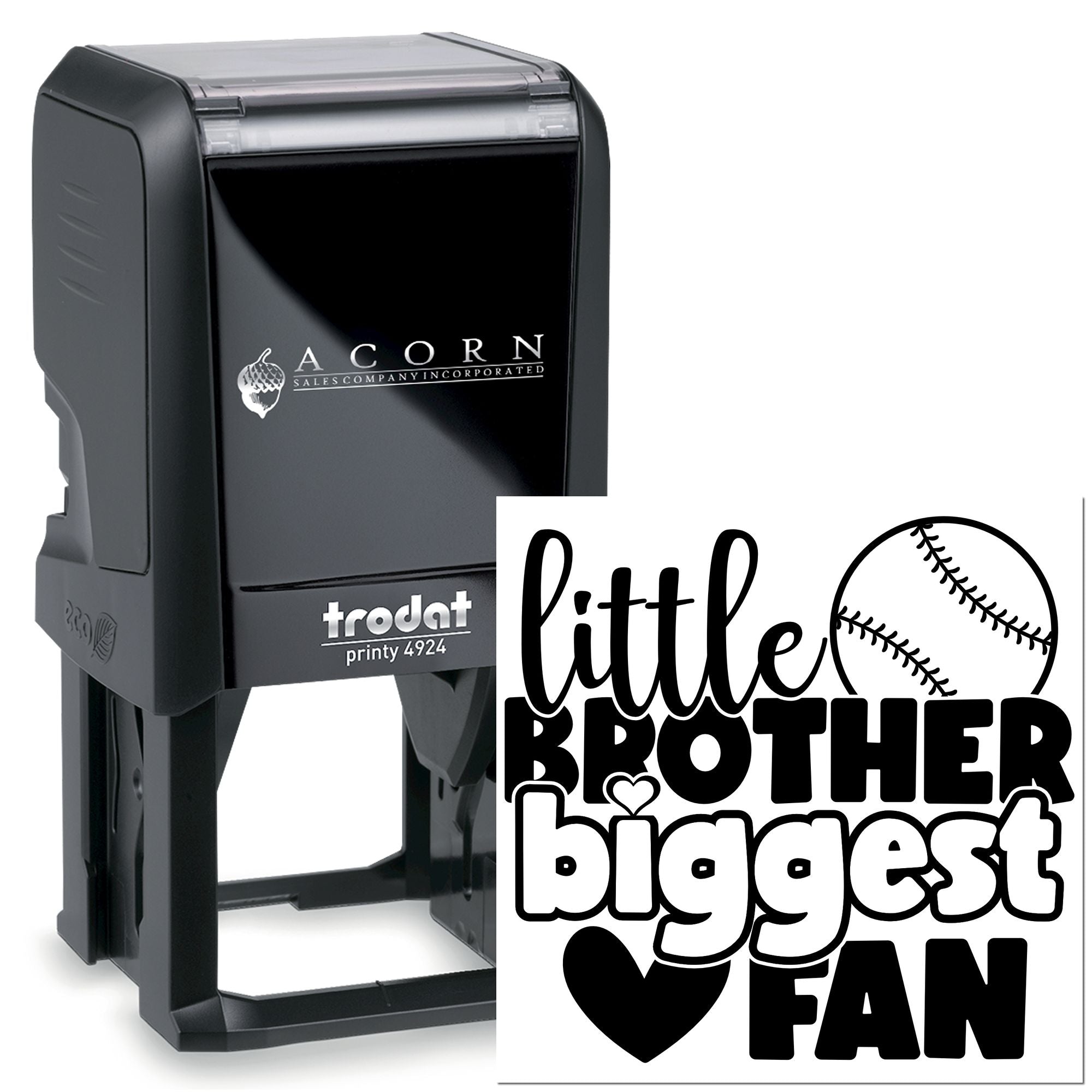 Trodat self-inking rubber stamp with Little Brother Biggest Fan baseball design for personalized family keepsake projects.