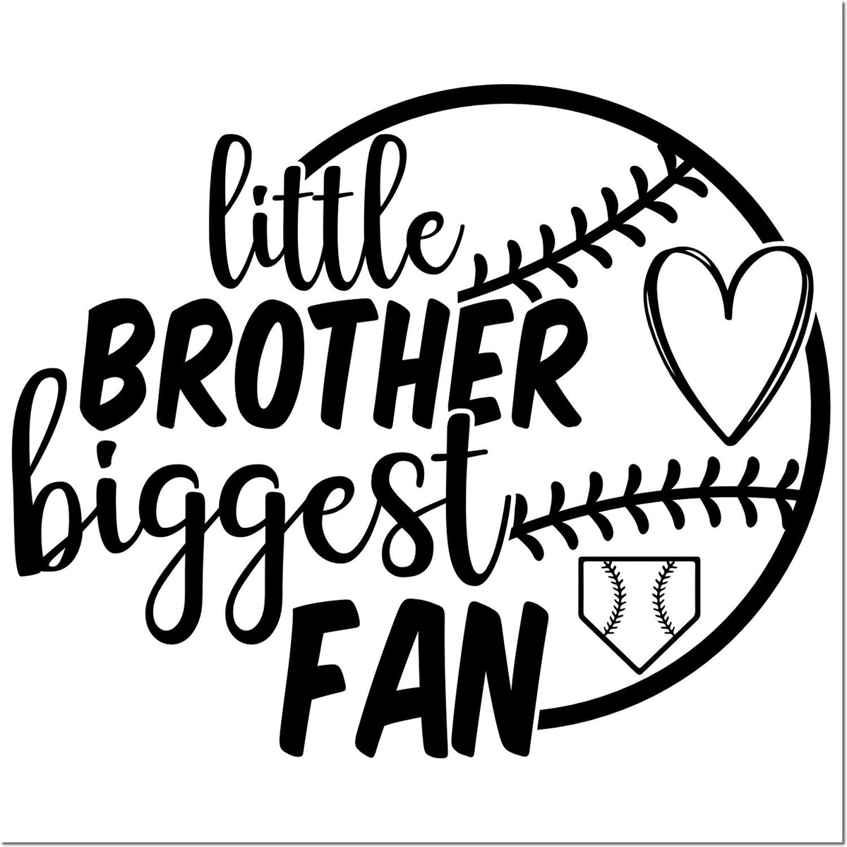 Little Brother Biggest Fan baseball rubber stamp design with heart and baseball stitching accents.