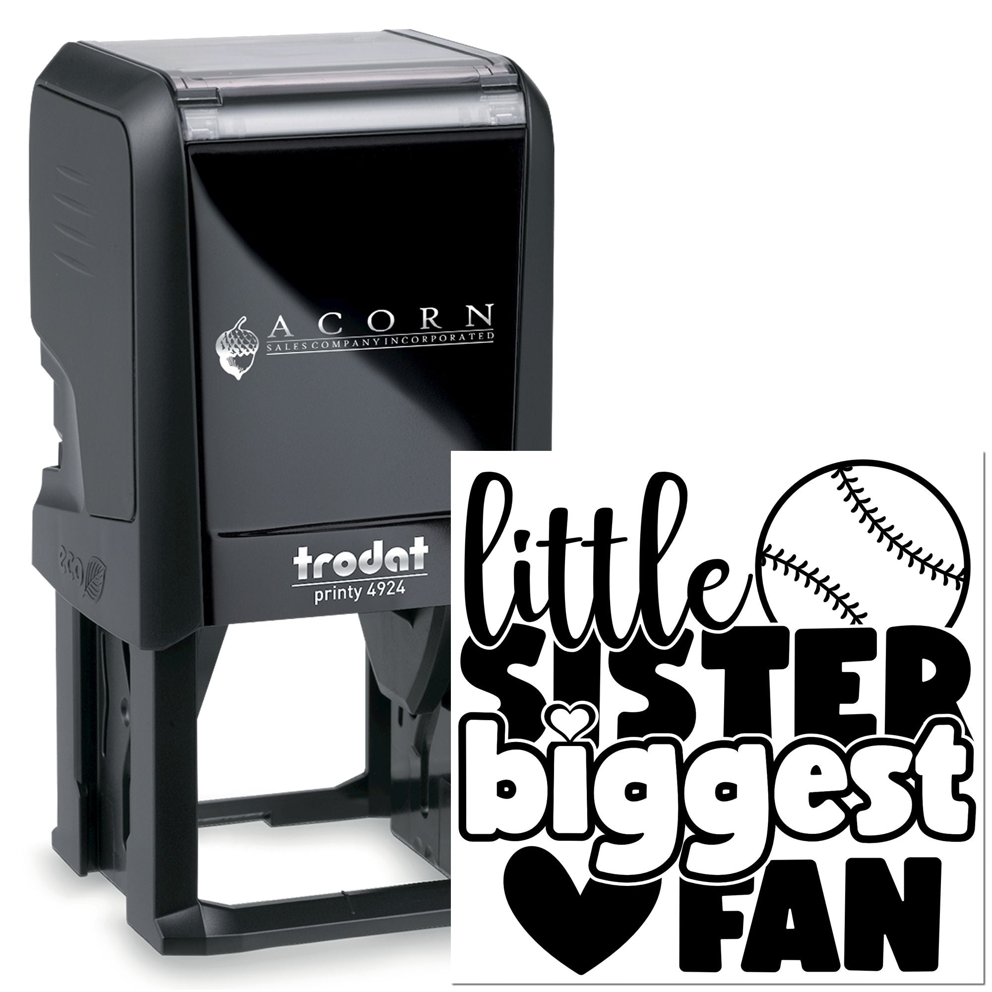 Personalized self-inking rubber stamp with Little Sister Biggest Fan baseball design, Trodat Printy 4924.