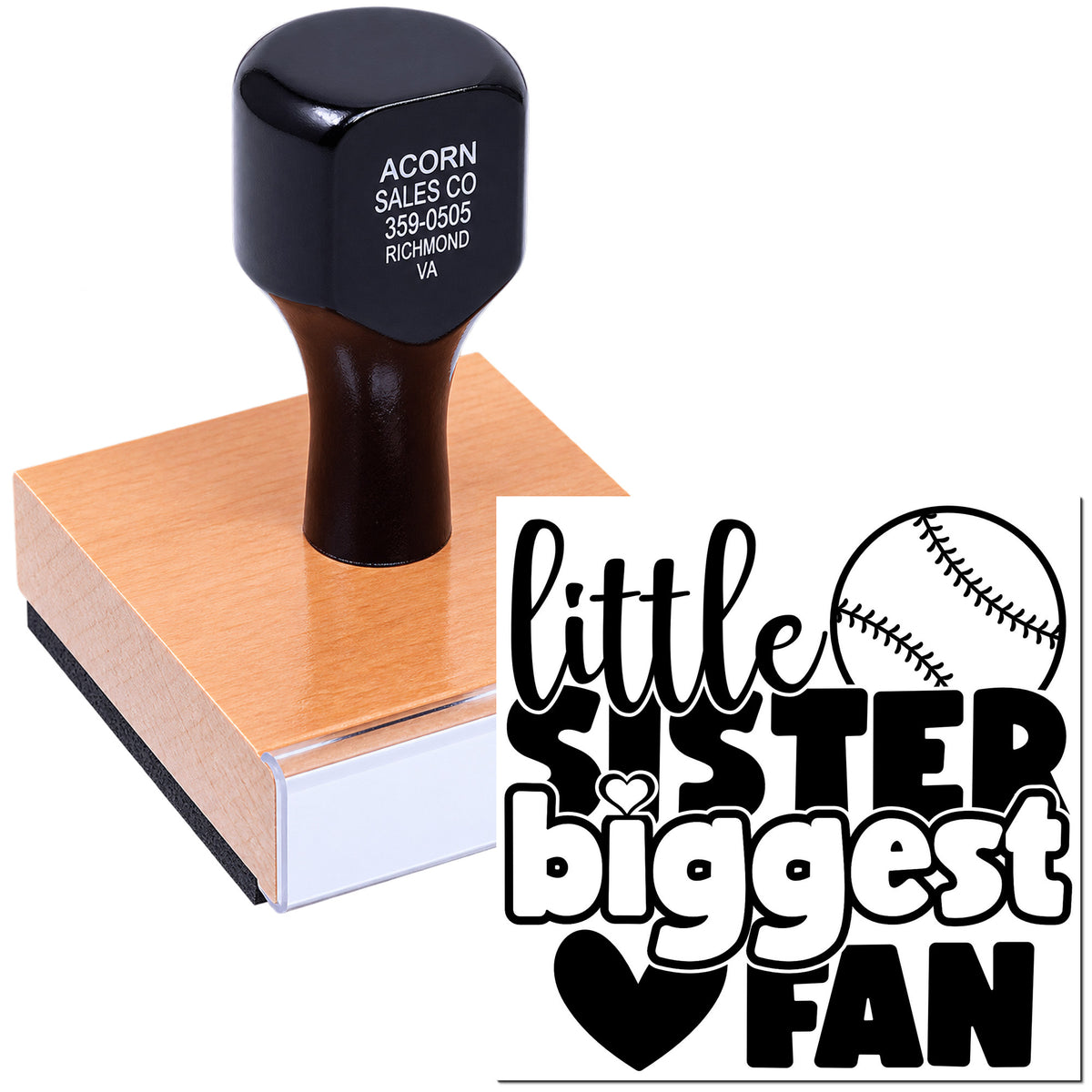 Baseball-themed rubber stamp for Little Sister Biggest Fan designs, ideal for sports gifts, crafts, and custom stamping.