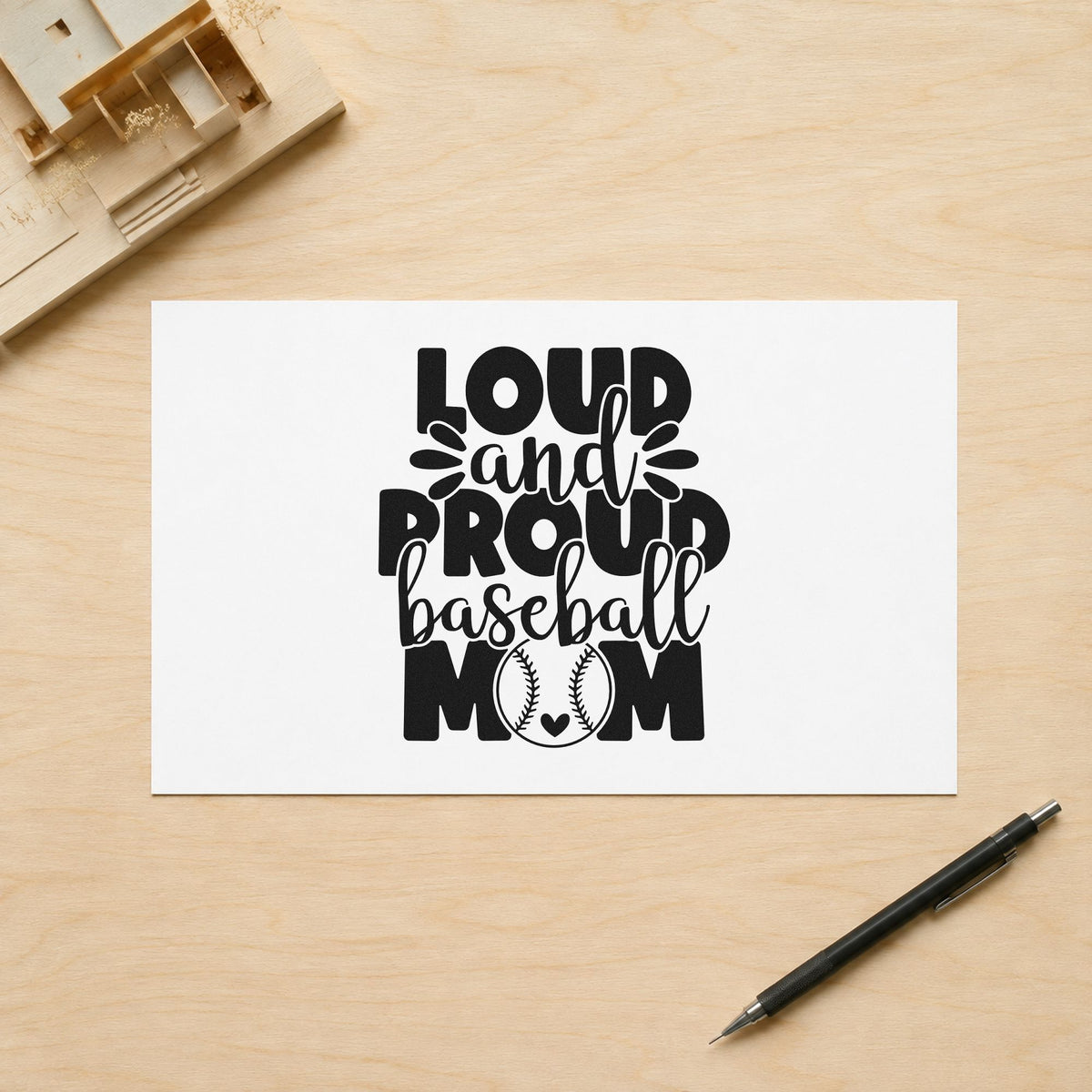 Proud Baseball Mom craft stamp in black ink on cardstock, an easy option for bleacher shirts.