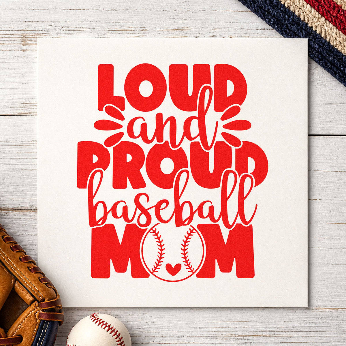 Proud Baseball Mom rubber stamp shown in red ink, stamped for projects such as team parent gift bags.