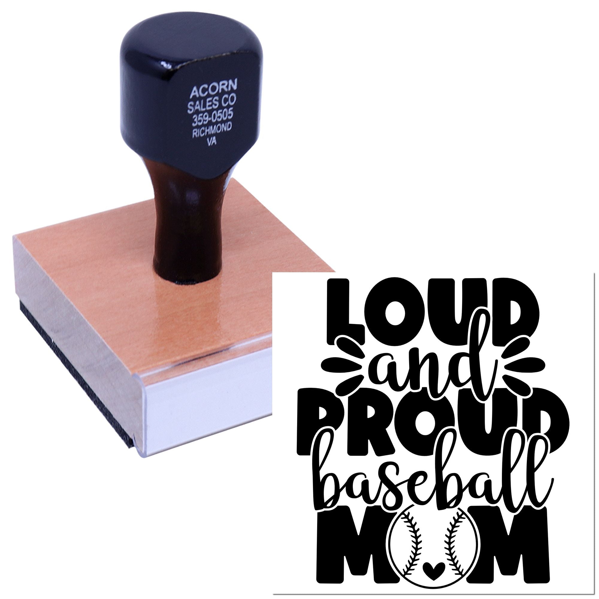 Personalized baseball mom rubber stamp with Loud and Proud design for custom crafts, stationery, and fan gifts.