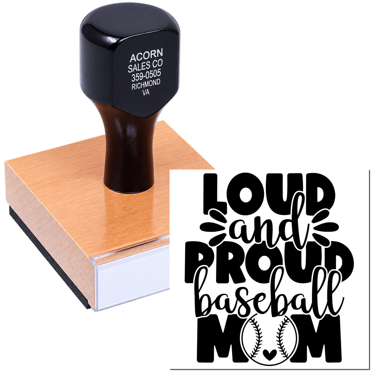 Personalized baseball mom rubber stamp with Loud and Proud design for custom crafts, stationery, and fan gifts.