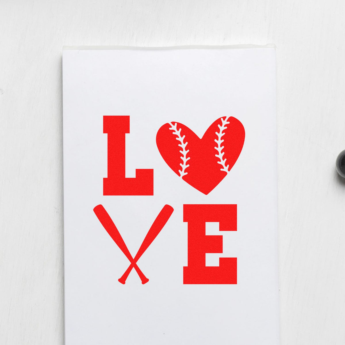 Baseball love rubber stamp design with red LOVE graphic, heart baseball and crossed bats on white card.