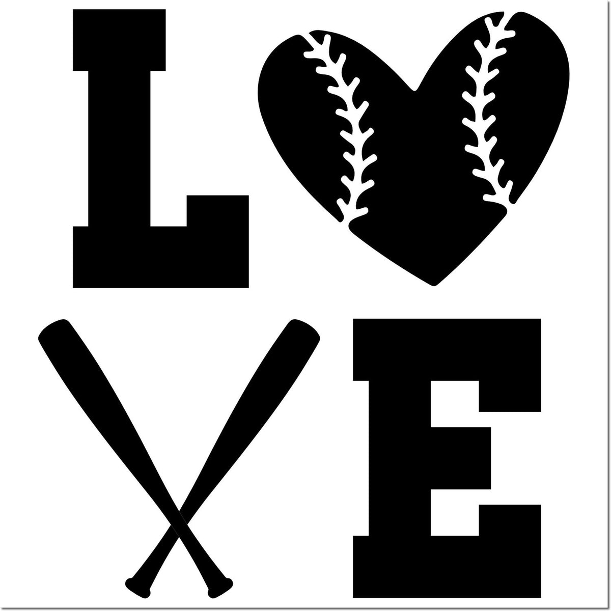 I Love Baseball rubber stamp design with heart-shaped baseball and crossed bats for sports-themed crafts.