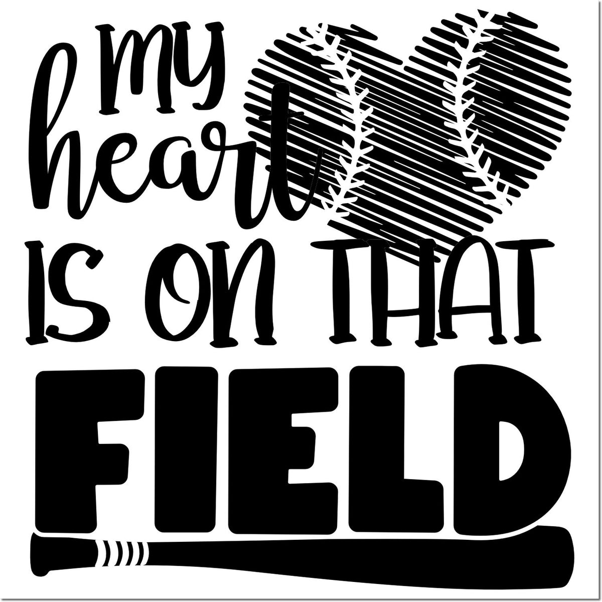 My Heart Is on That Field baseball rubber stamp design with heart-shaped baseball graphic and bat for sports parents and fans.