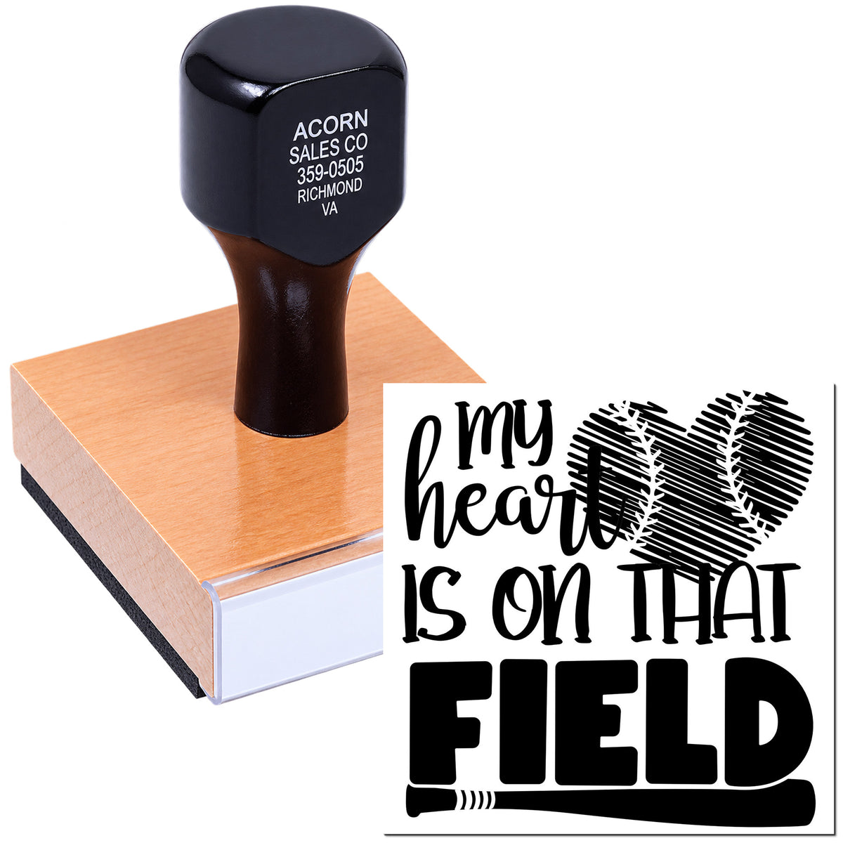Custom rubber stamp with My Heart Is on That Field baseball heart design for sports team gifts, crafts, and fan projects.