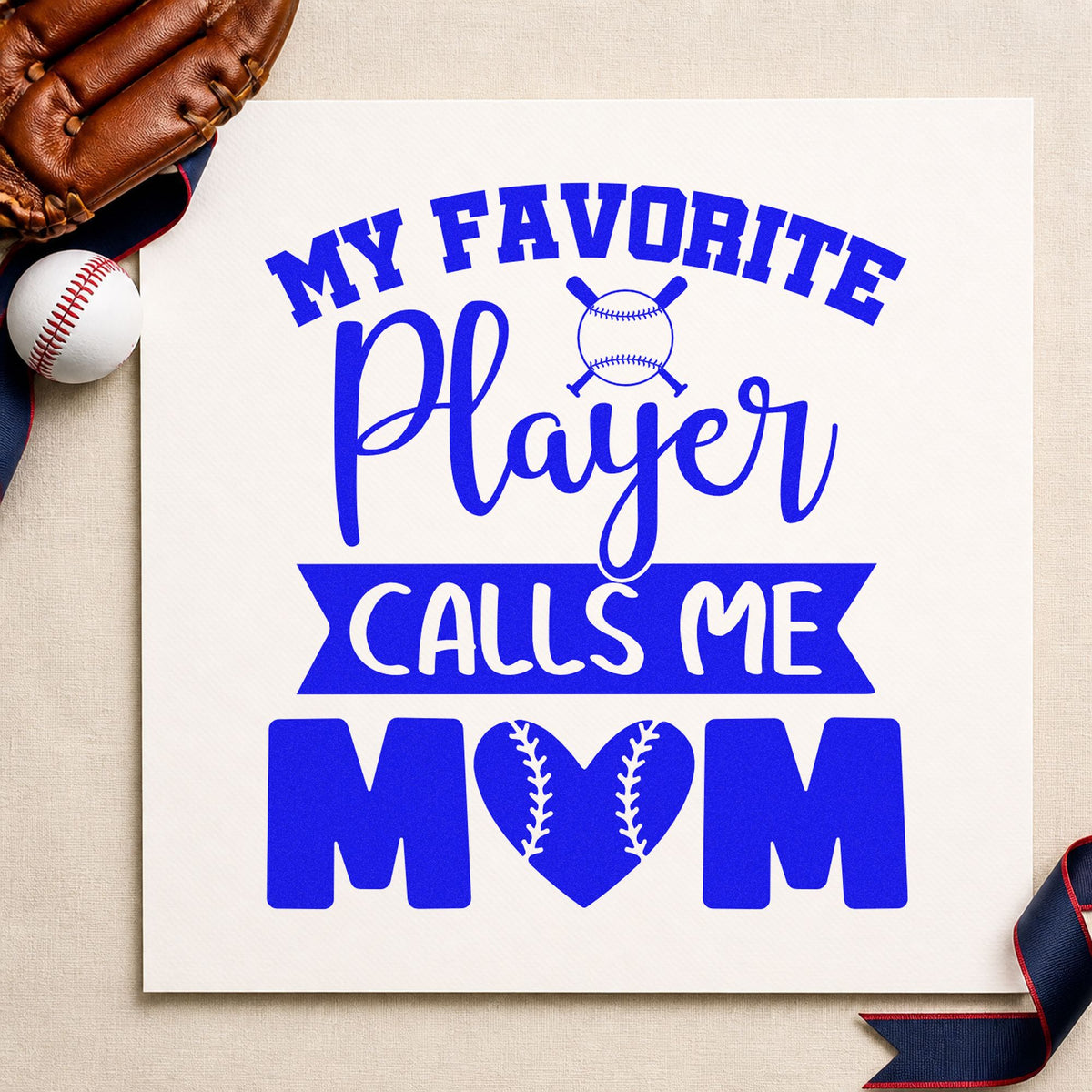 My Favorite Player Calls Me Mom craft stamp in blue ink on cardstock, an easy option for tote bag printing.