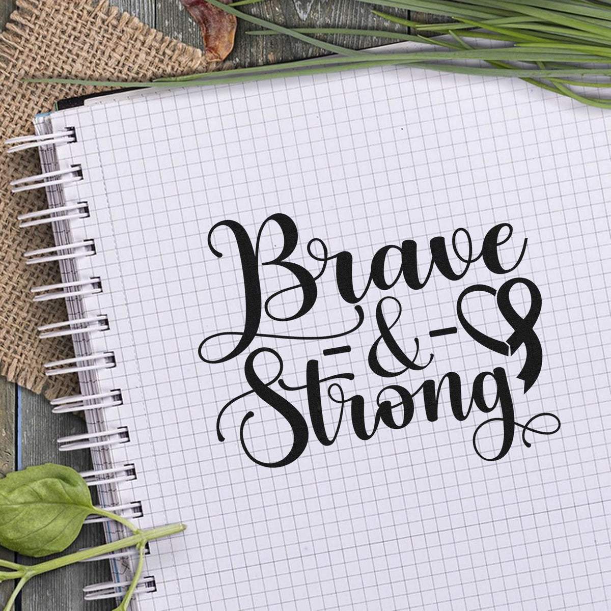 Brave & Strong rubber stamp design in bold script, ideal for crafts, journaling, and inspirational projects.