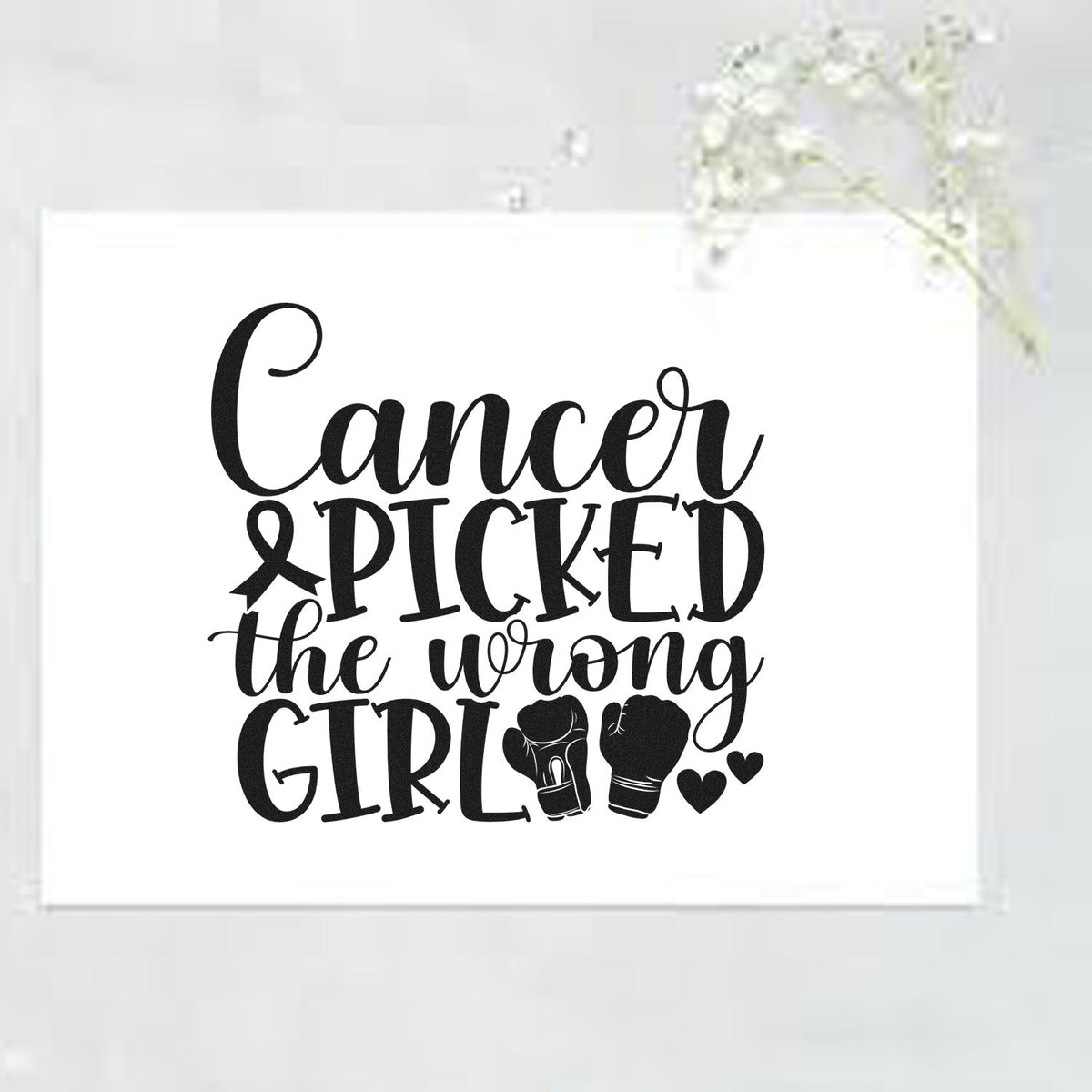 Cancer Picked The Wrong Girl Stamp – PSI Pre-Inked imprint stamped in black ink. An awareness ribbon and hearts accent "Cancer picked the wrong girl" in bold and script lettering.