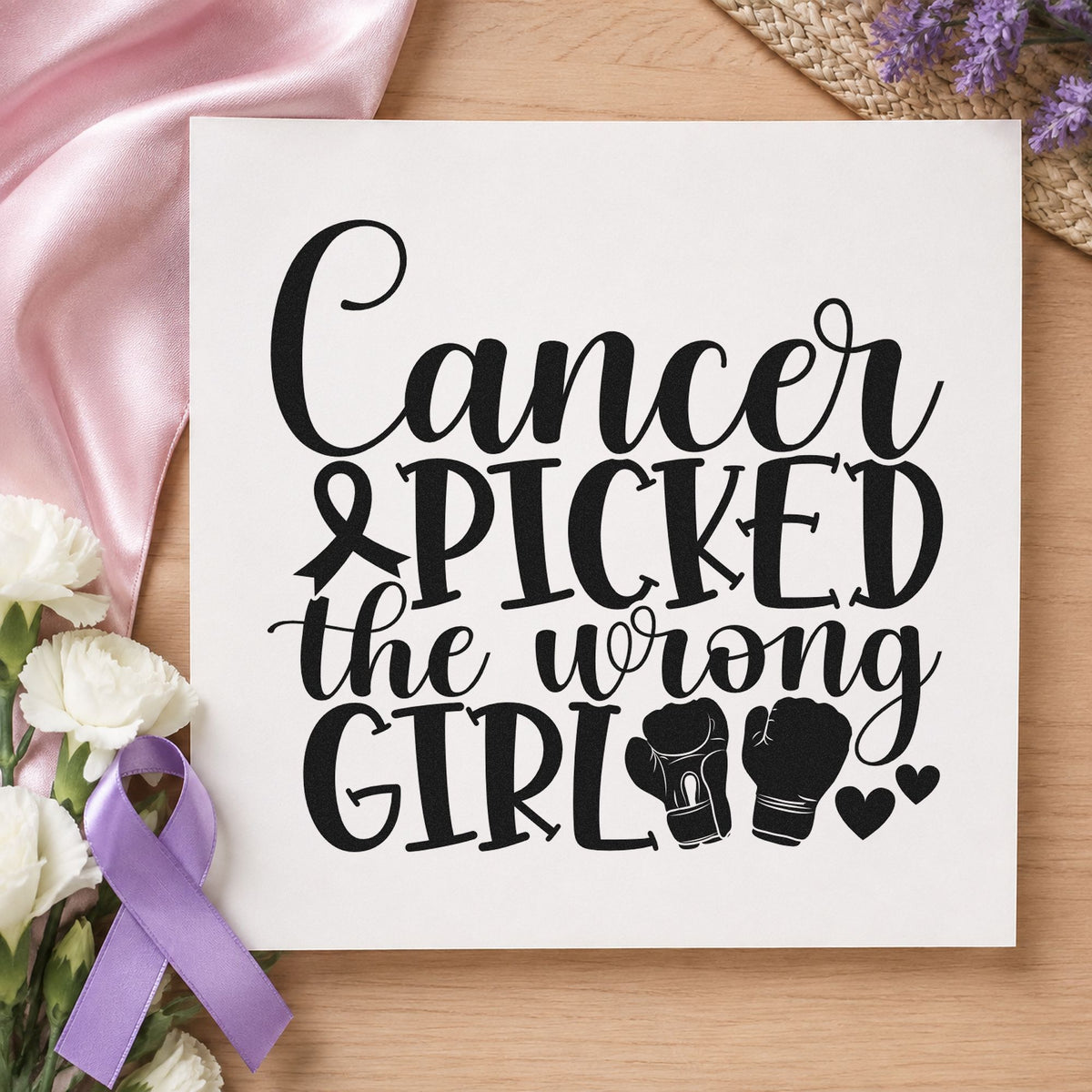 Cancer Picked the Wrong Girl craft stamp imprint in black ink on a handmade project, one idea being fundraiser raffle tickets.