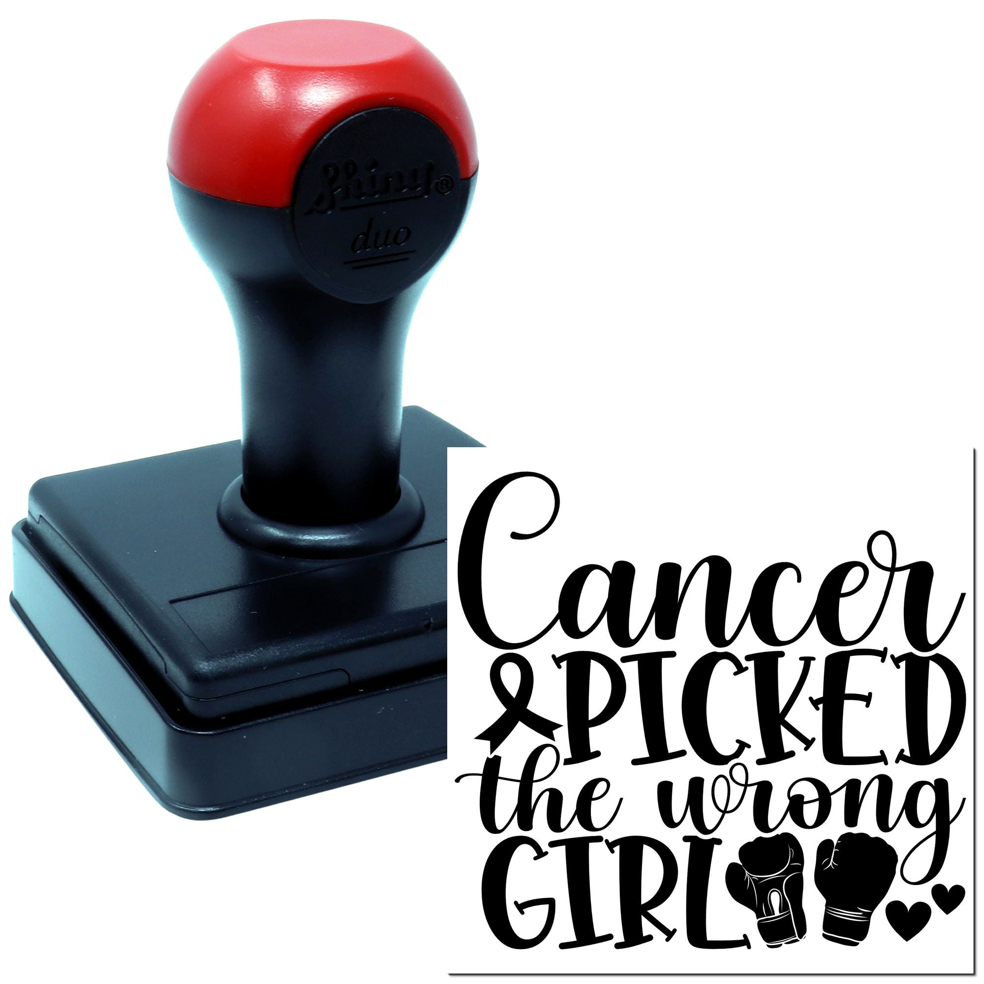 Self-inking rubber stamp with Cancer Picked the Wrong Girl design for cancer awareness crafts and handmade cards.