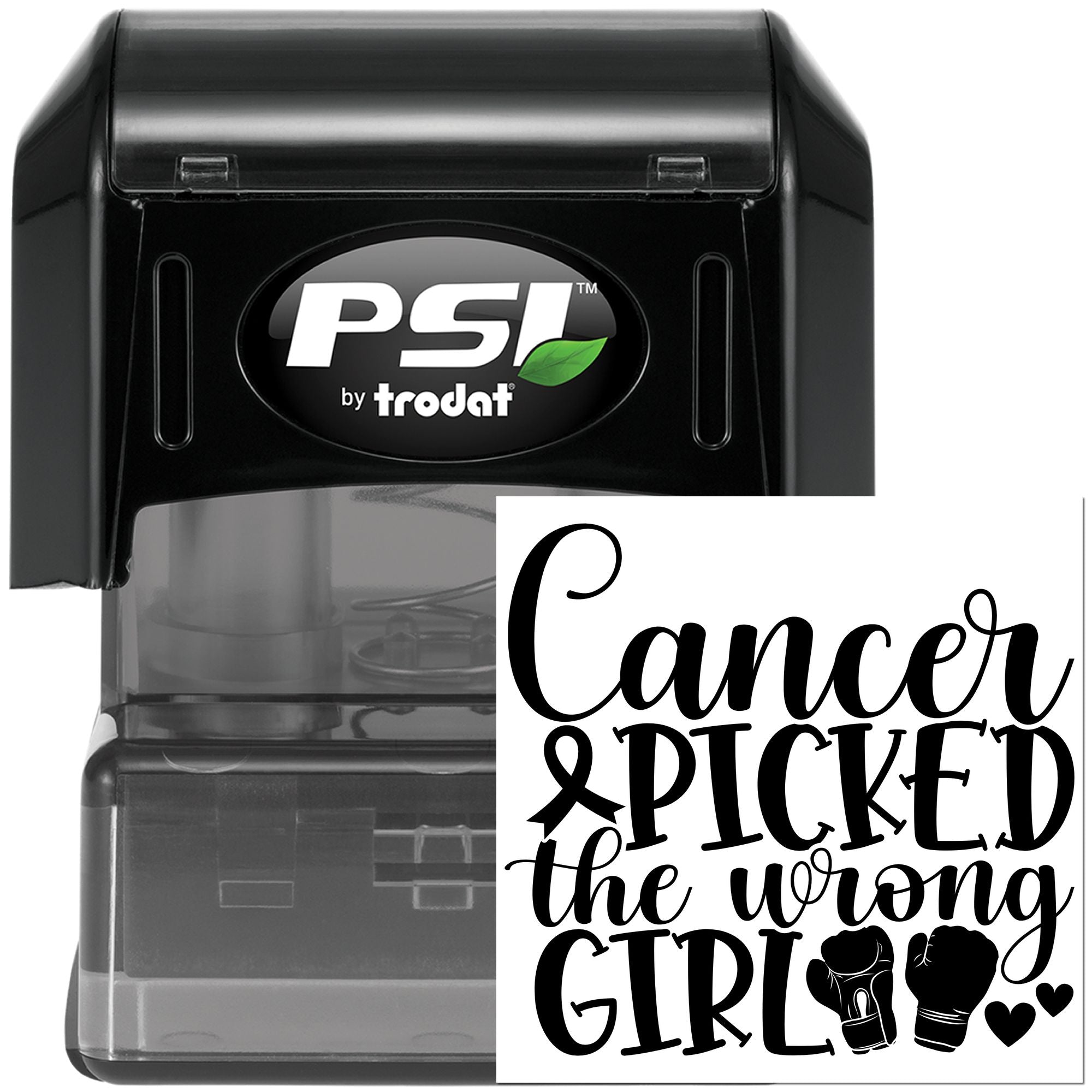 Cancer picked the wrong girl self-inking rubber stamp by PSI Trodat with boxing gloves and ribbon graphic.
