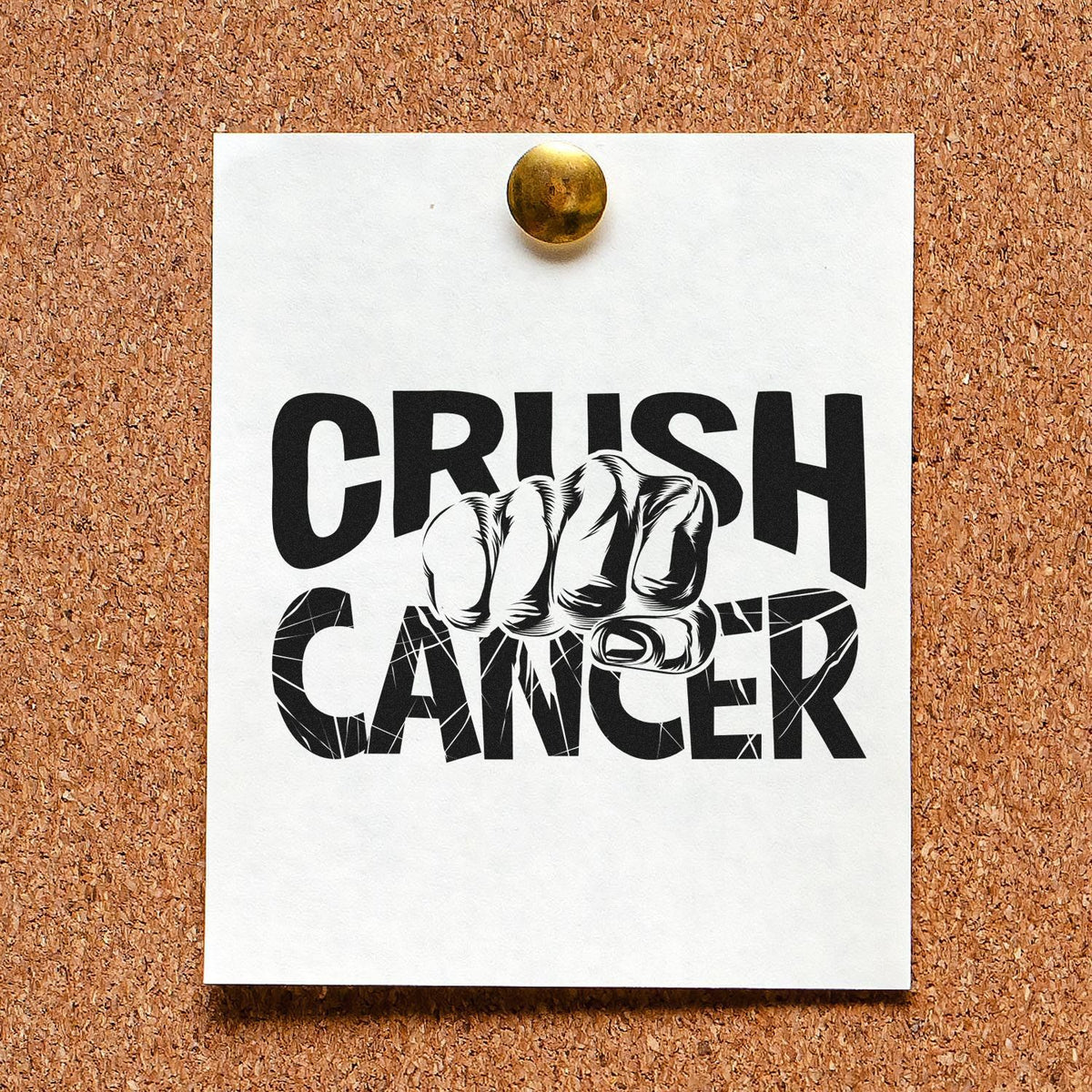 Crush Cancer Fist Pre-Inked Stamp – PSI imprint stamped in black ink. A clenched fist breaks through bold "Crush cancer" lettering.