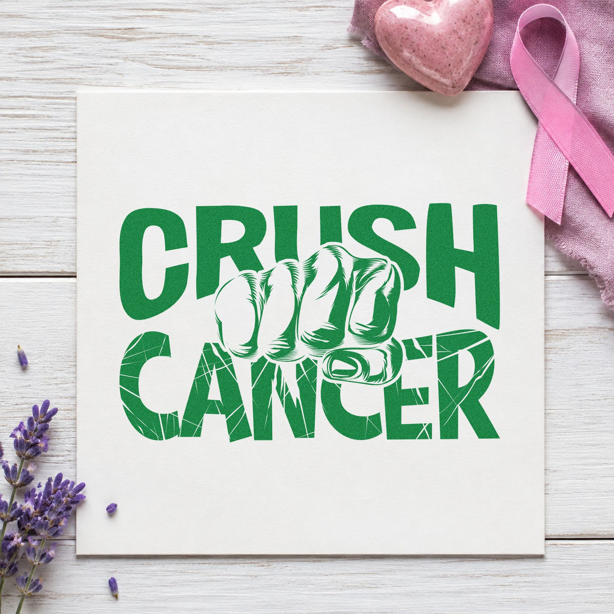 Crush Cancer Fist craft stamp imprint in green ink on a handmade project, one idea being locker room rally signs.