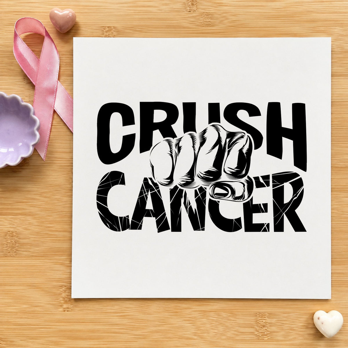Crush Cancer Fist rubber stamp printed in black ink, ready for fight cards and similar paper crafts.