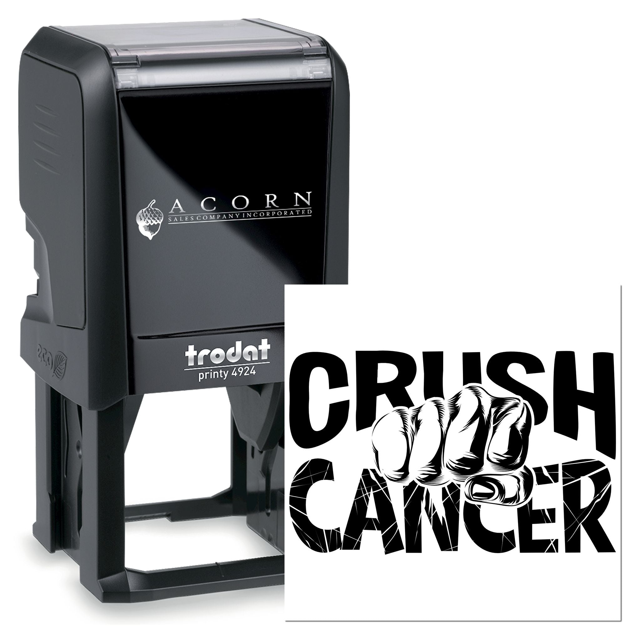Trodat Printy 4924 self-inking rubber stamp with custom Crush Cancer design for cancer awareness campaigns.