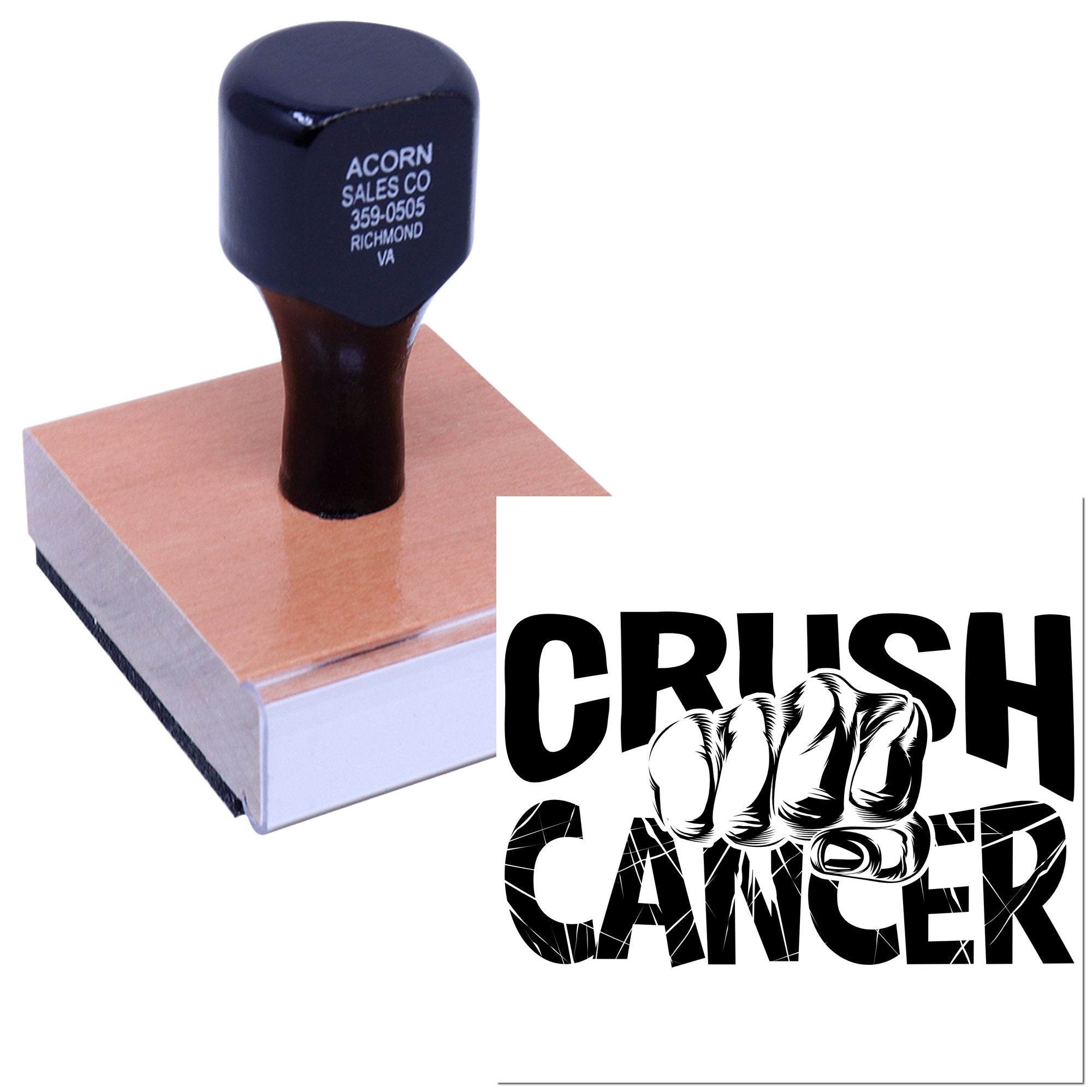 Custom rubber stamp with Crush Cancer fist design on wooden block for cancer awareness campaigns and charity fundraising.