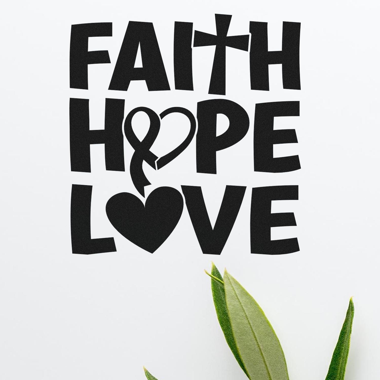 Faith Hope Love rubber stamp design with cross and heart typography for Christian crafts, Bible journaling, and faith decor.