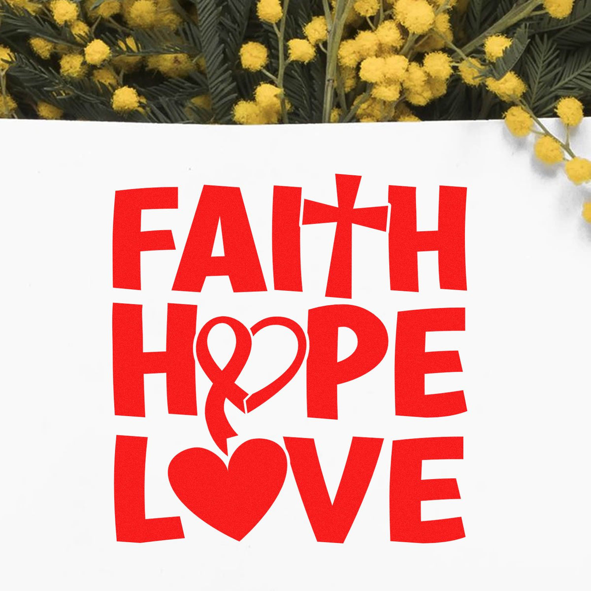 Faith Hope Love rubber stamp design with cross and heart, perfect for Christian encouragement and faith-based crafts.