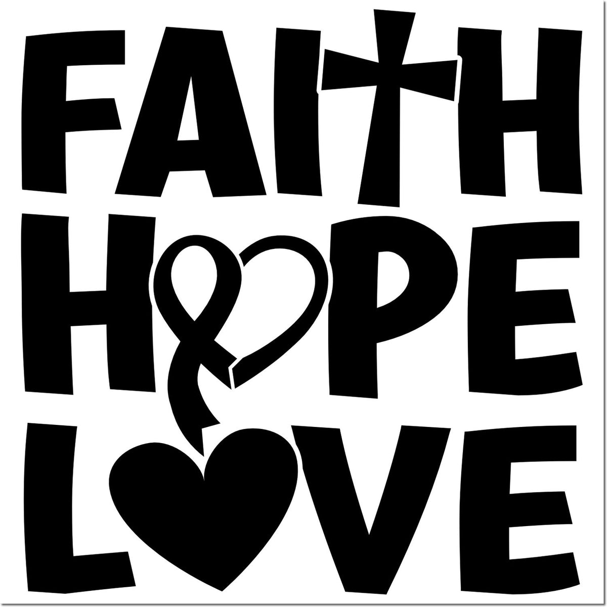 Faith Hope Love rubber stamp design with heart icon, bold Christian typography for cards, scrapbooking, and Bible journaling.