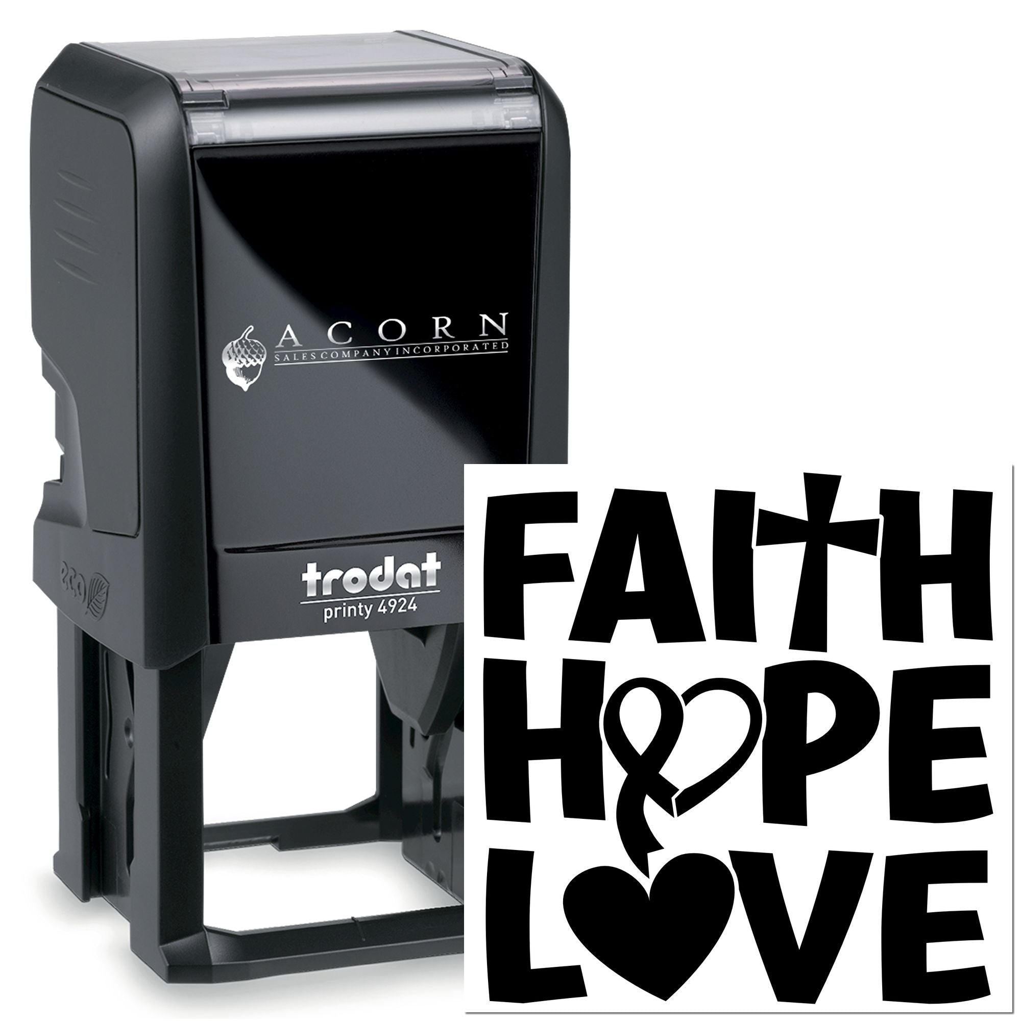 Self-inking rubber stamp with Faith Hope Love design for custom inspirational craft and office stamping.