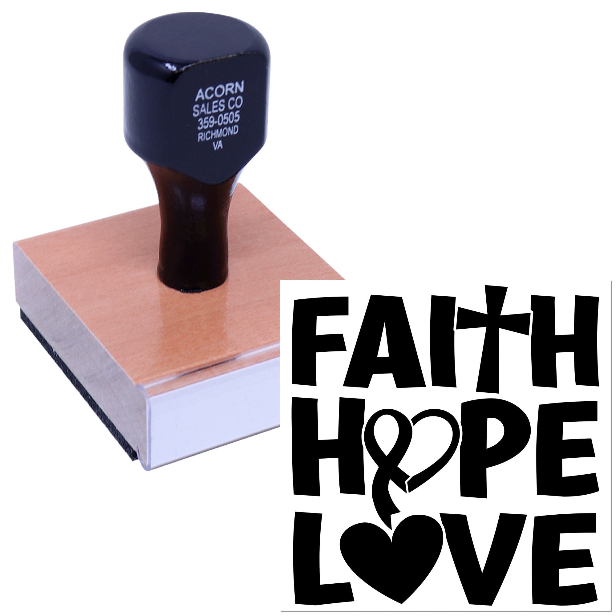 Custom rubber stamp with Faith Hope Love design for inspirational cards, crafts, and religious paper goods.