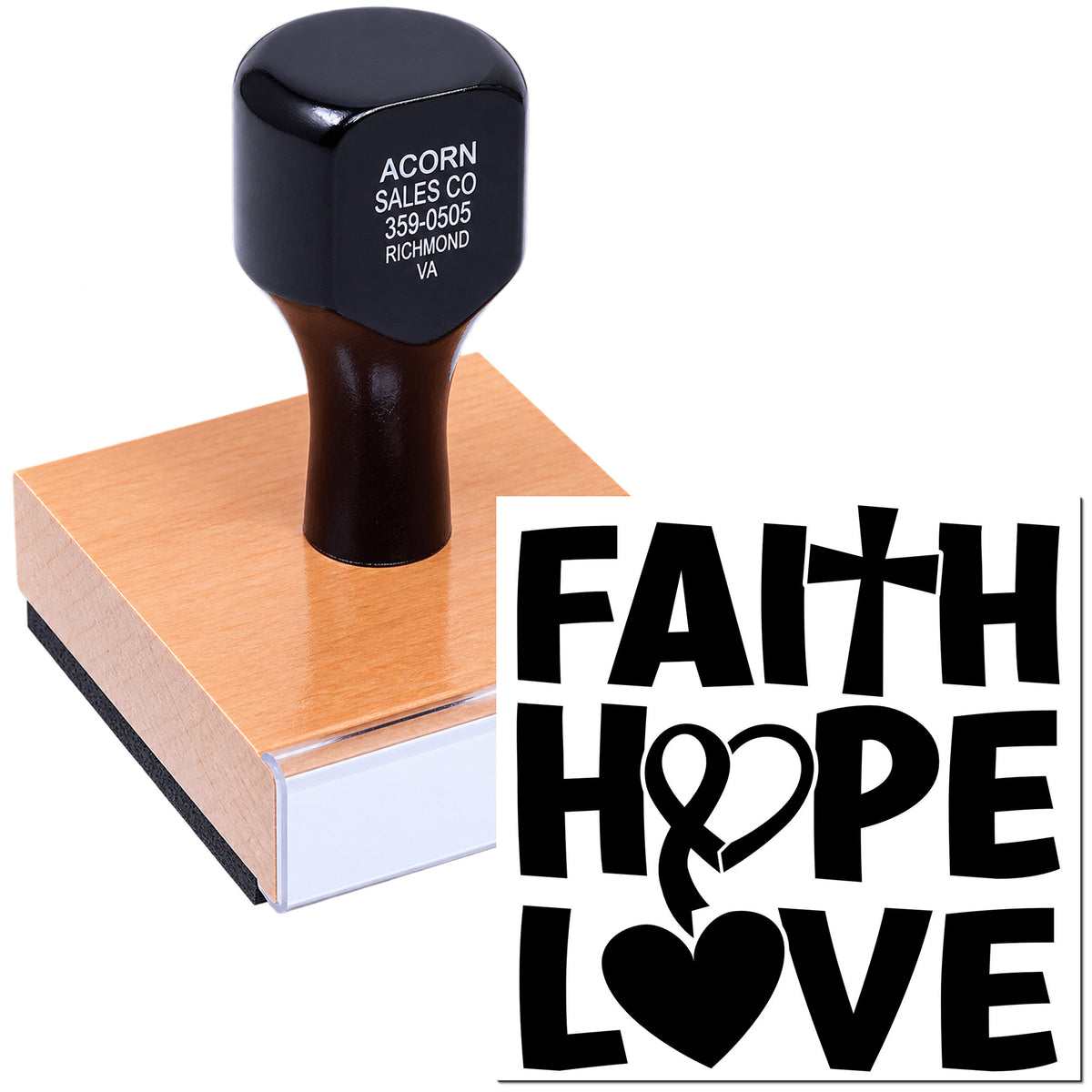 Custom rubber stamp with Faith Hope Love design for inspirational cards, crafts, and religious paper goods.