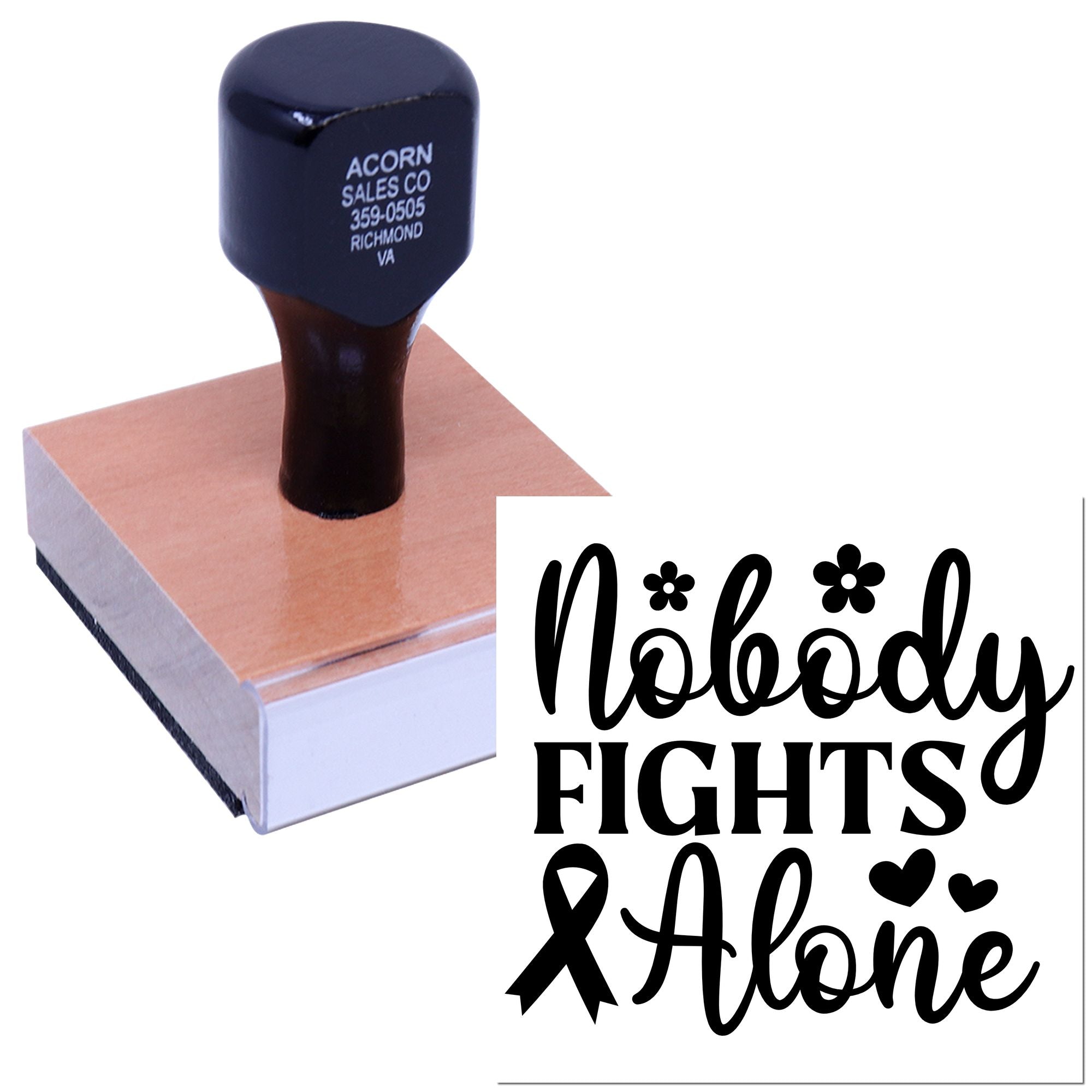 Self-inking custom rubber stamp with Nobody Fights Alone ribbon design for awareness and support messages.