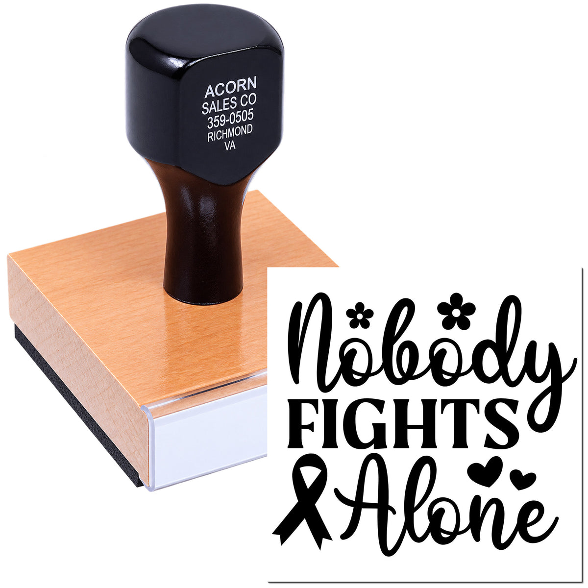 Self-inking custom rubber stamp with Nobody Fights Alone ribbon design for awareness and support messages.