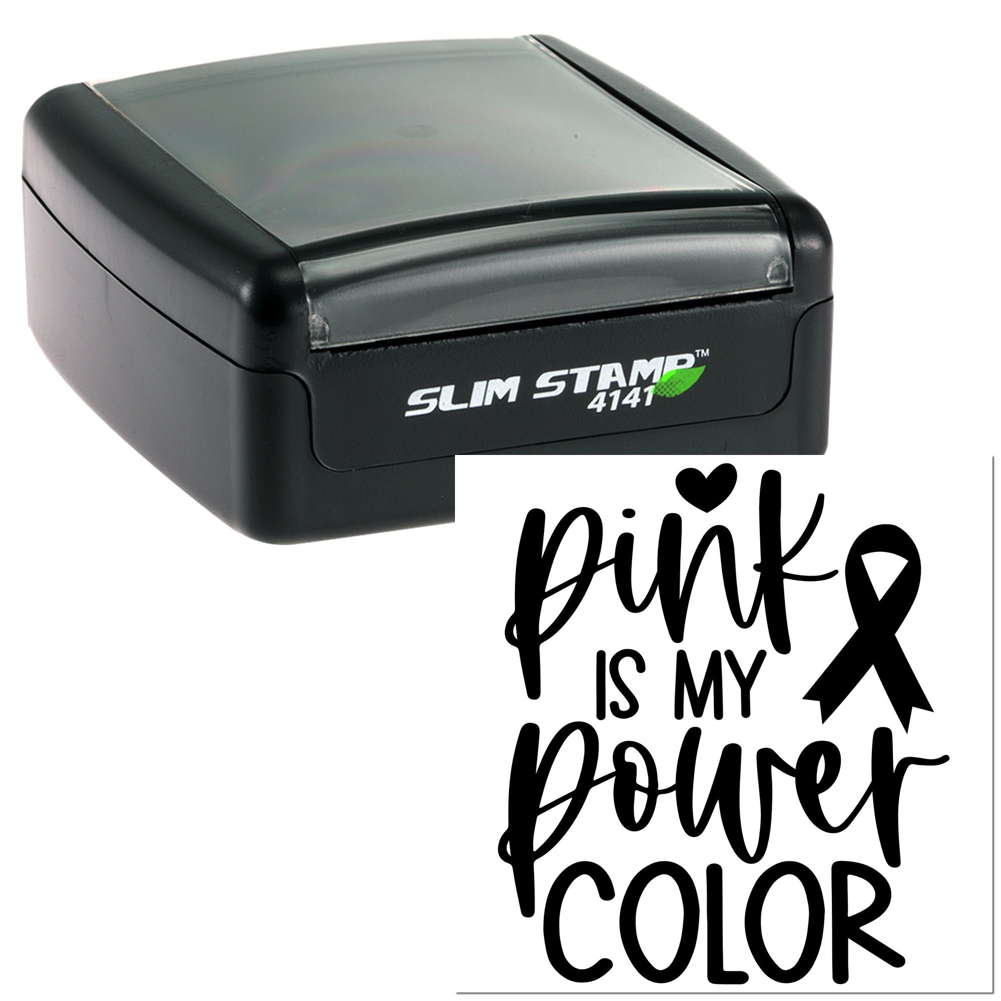 Self-inking rubber stamp with Pink Is My Power Color and breast cancer ribbon design for awareness events.