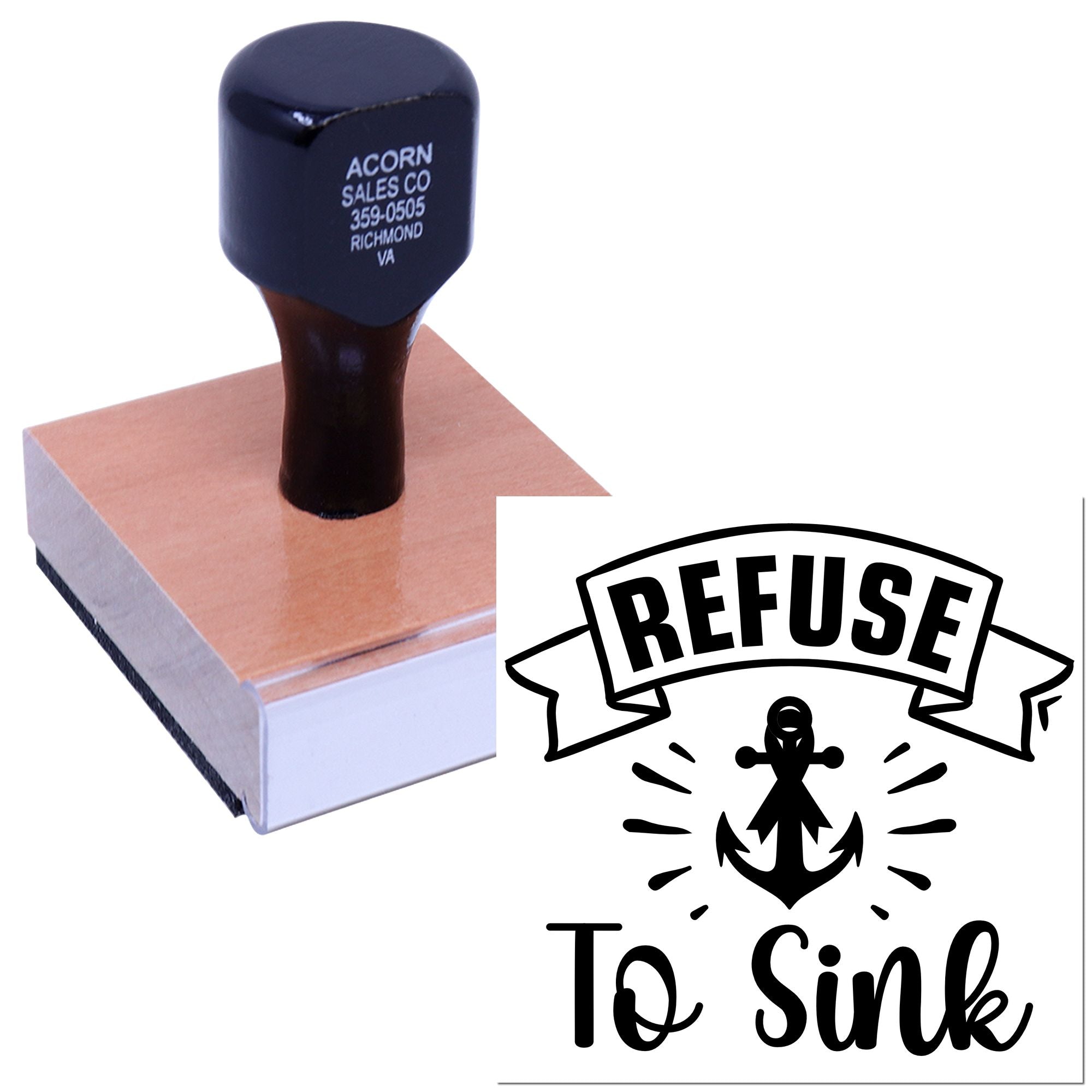 Custom rubber stamp with Refuse to Sink anchor design for motivational crafting, branding, or card making