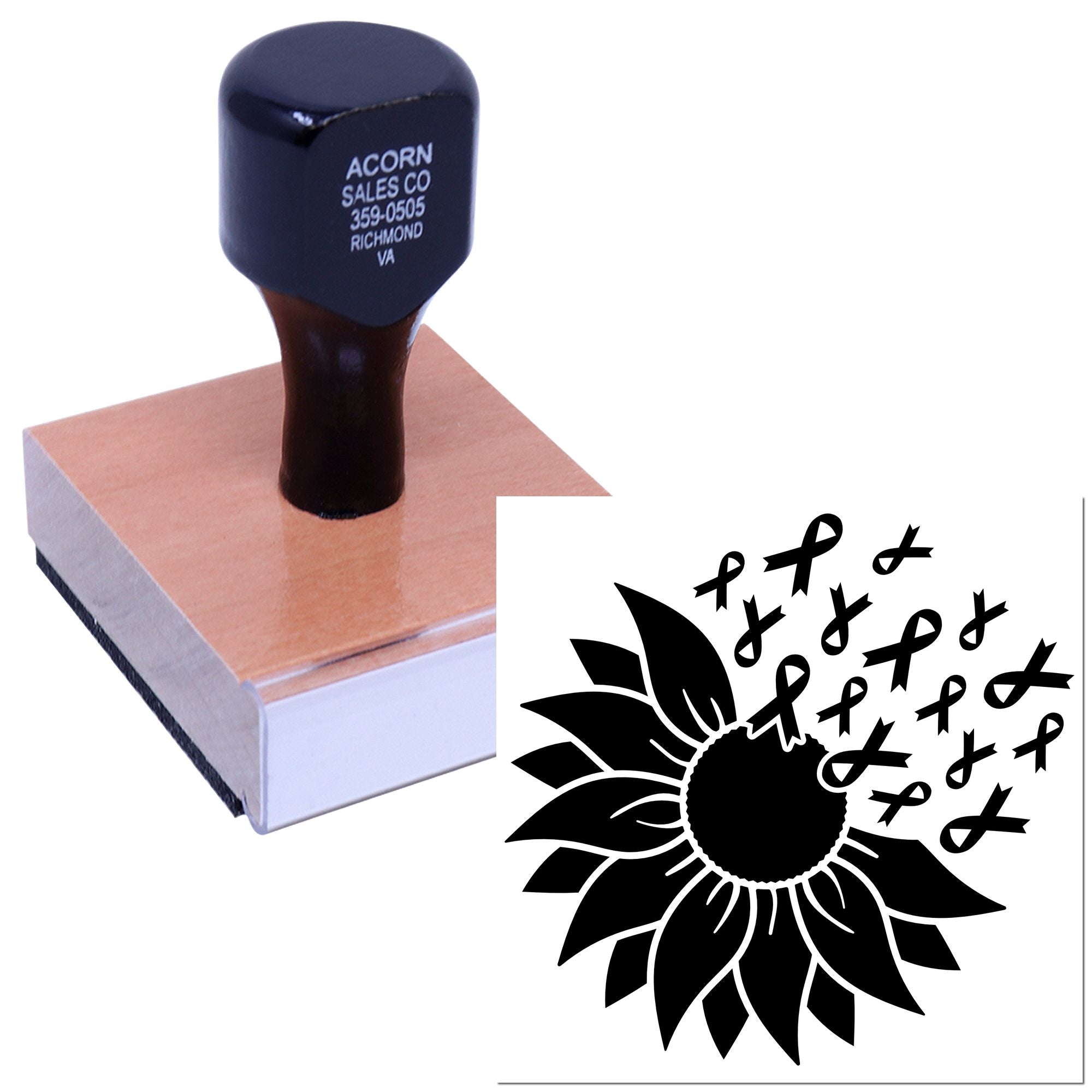 Custom wooden rubber stamp with sunflower and awareness ribbons for fundraising, memorial, and awareness campaign materials.