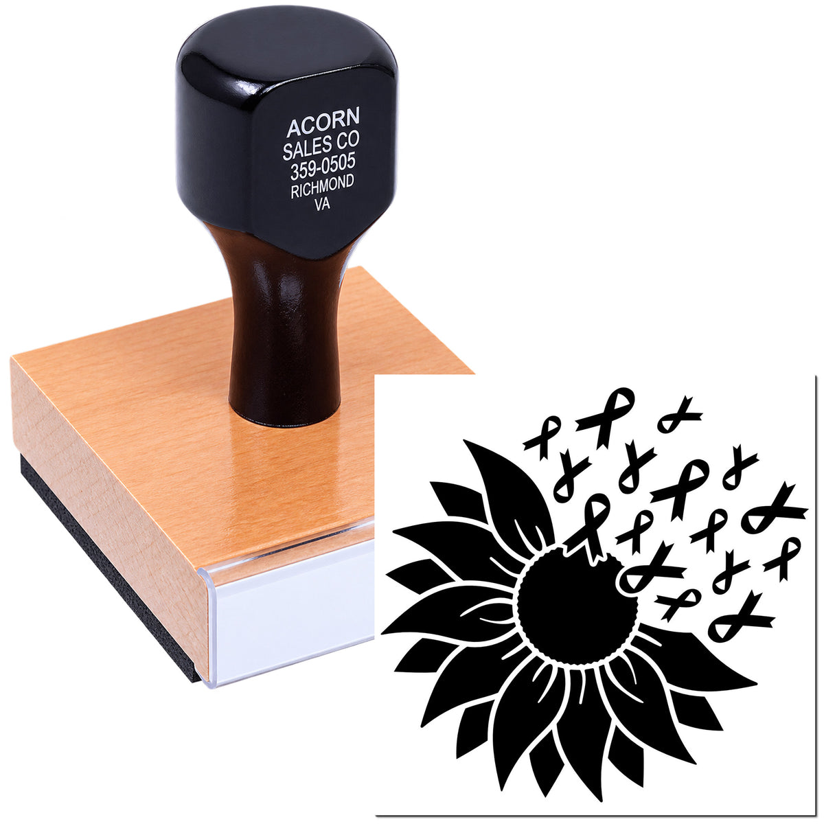 Custom wooden rubber stamp with sunflower and awareness ribbons for fundraising, memorial, and awareness campaign materials.